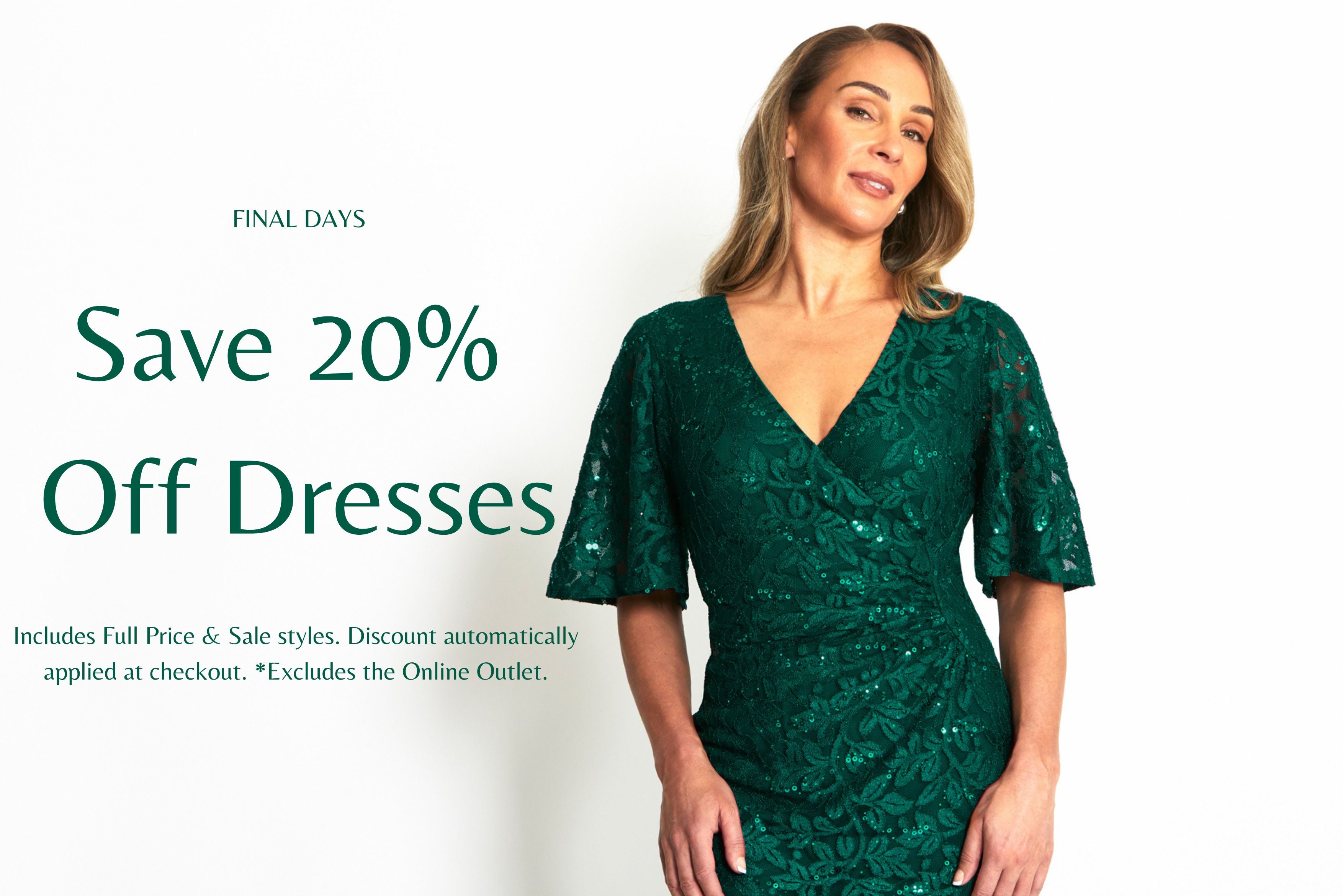 Woman wearing a blue and pink dress with promotional text for a 20% off dresses sale. Aurora Blue Opal Jersey Dress