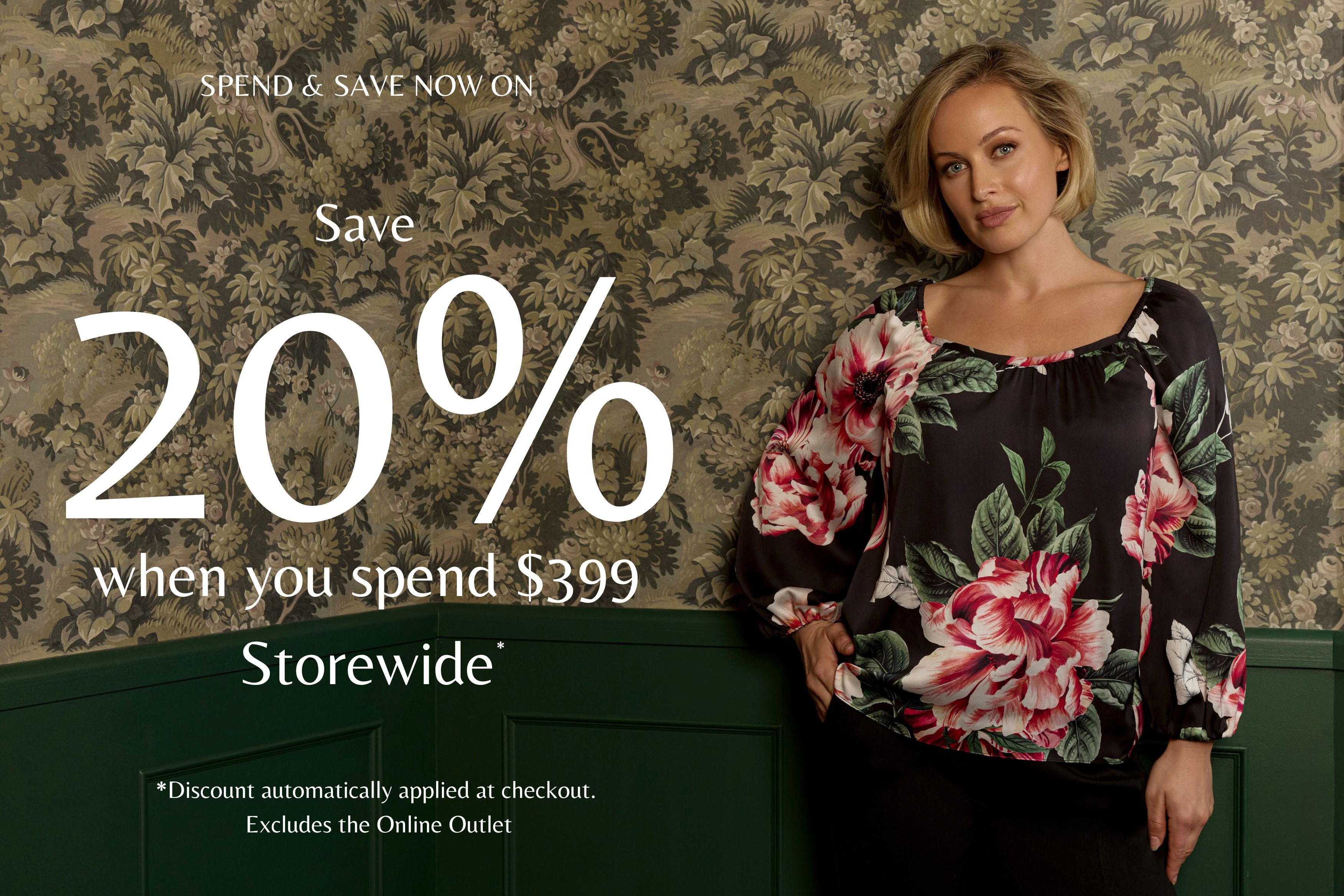 Anthea Crawford Spend & Save promotion featuring the Ena Floral Satin Blouse with 20% off storewide when you spend $399, excluding the Online Outlet.