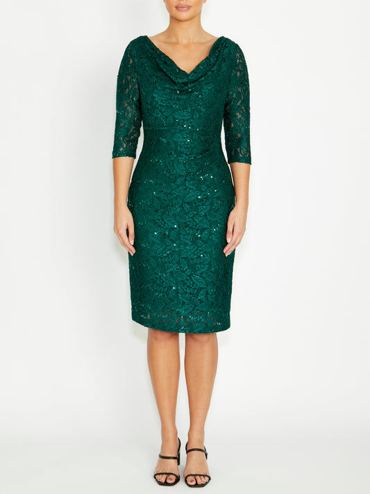 Women's Lace Cowl Neck Dress in Green | Elisa