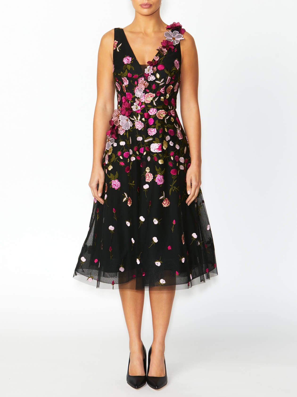 Women's Embroidered Fit & Flare A-Line Dress in Black | Belle