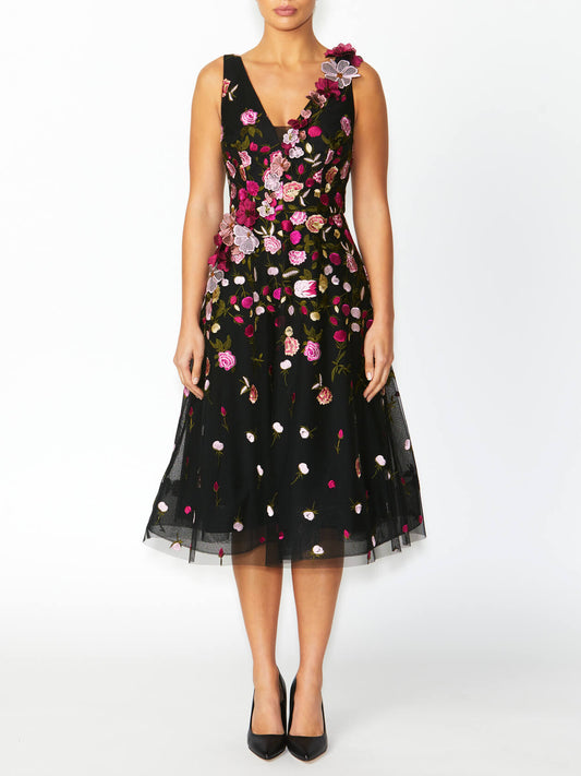 Women's Embroidered Fit & Flare A-Line Dress in Black | Belle
