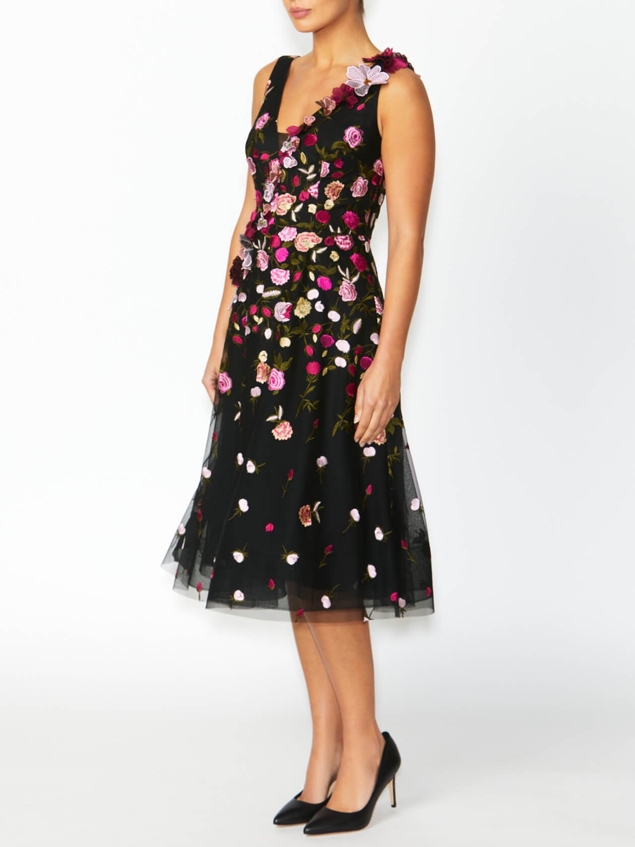 Women's Embroidered Fit & Flare A-Line Dress in Black | Belle