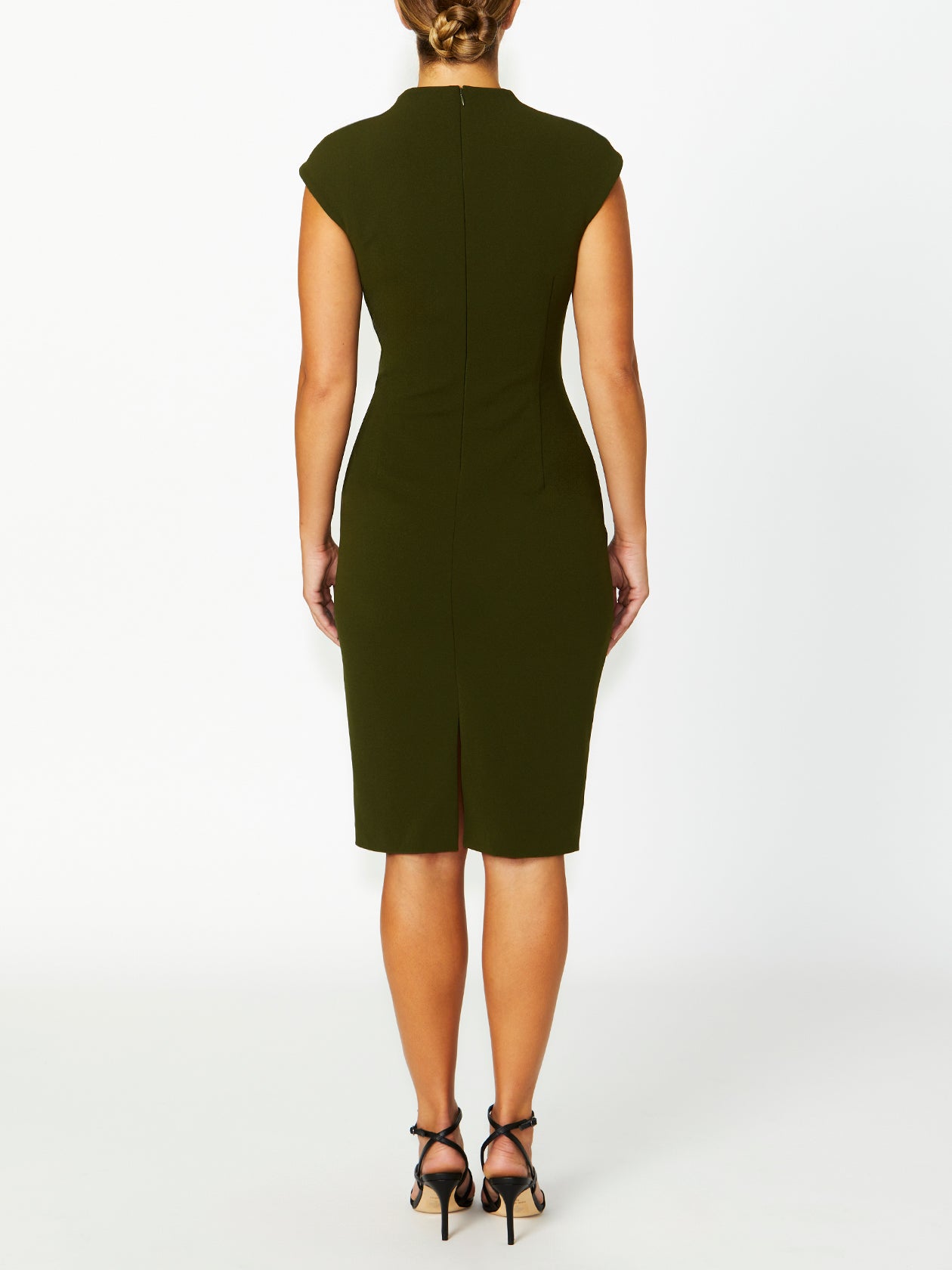A back view of the Selene Dark Olive Dress, featuring a clean design with a concealed zip closure and a back slit for ease of movement.