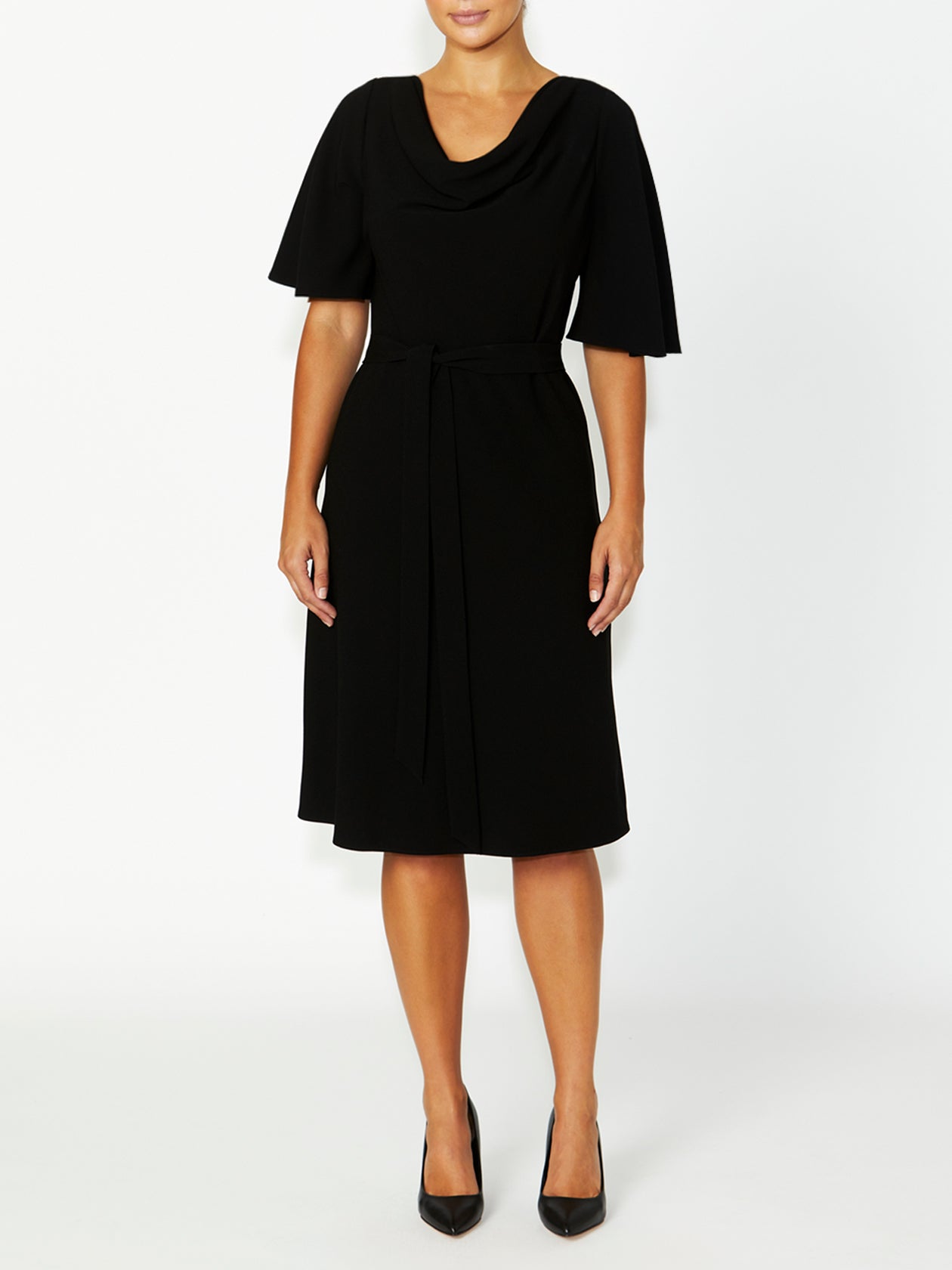 Women's Crepe Cowl Neck Dress in Black | Harmony Black Dress Front View