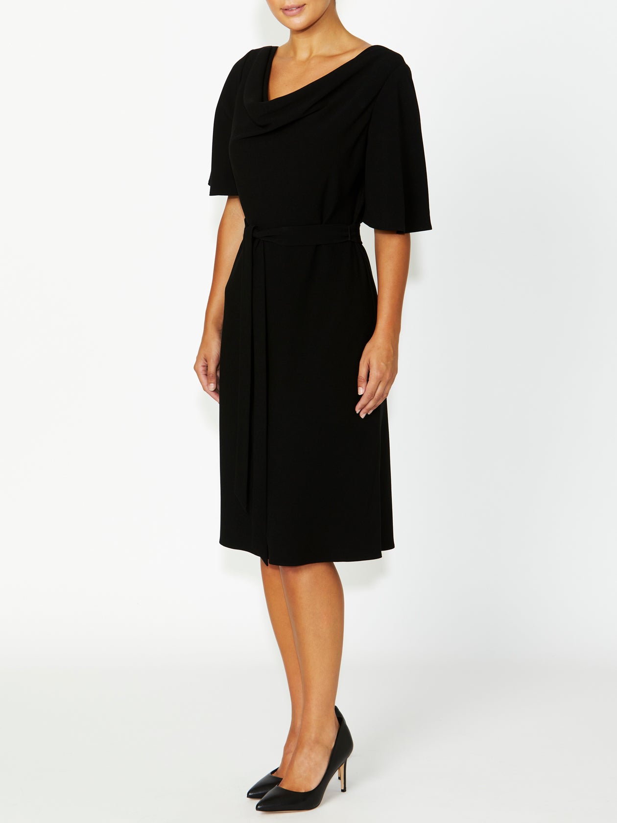 Women's Crepe Cowl Neck Dress in Black | Harmony Black Dress
Side View