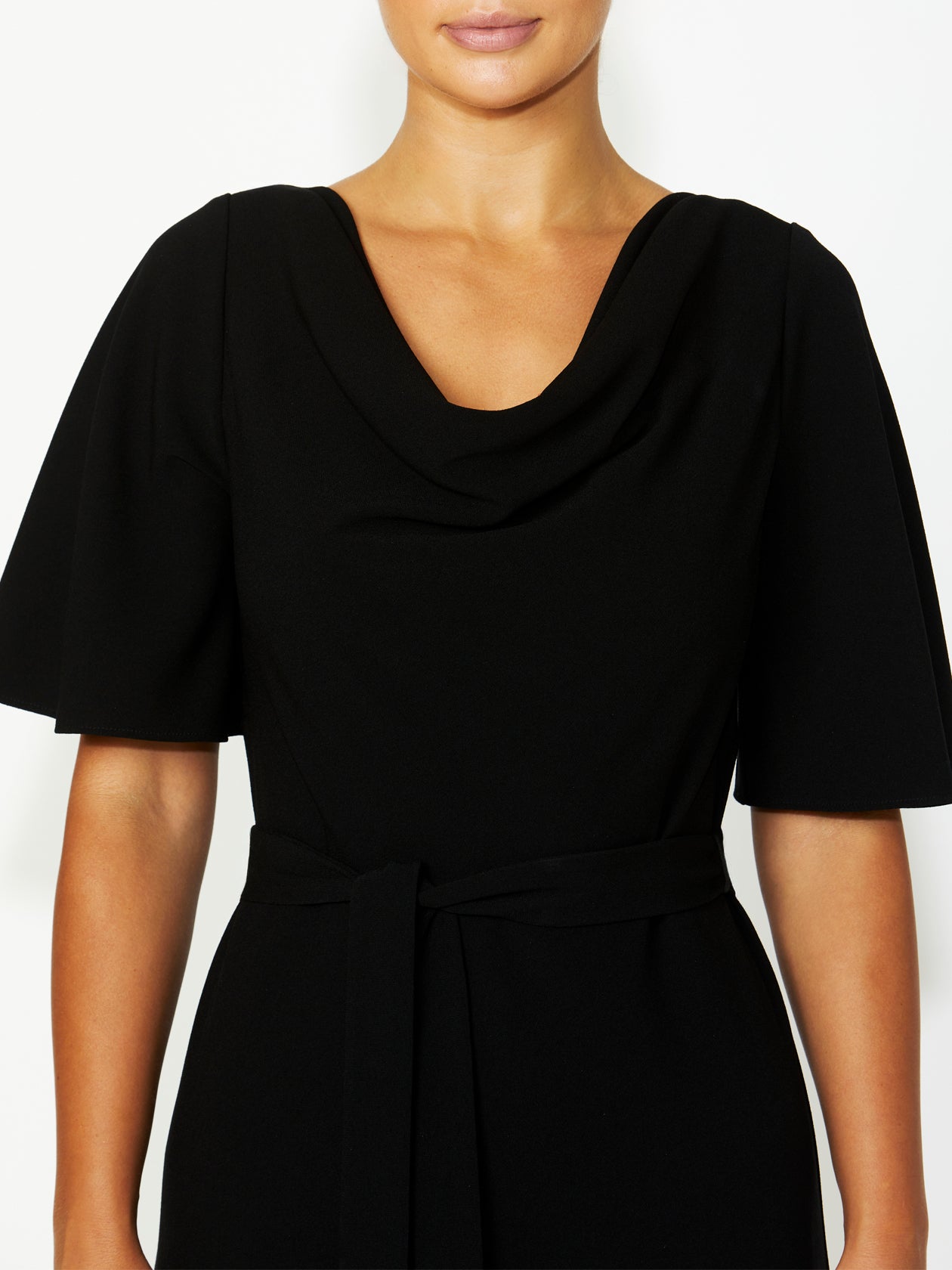 Women's Crepe Cowl Neck Dress in Black | Harmony Black Dress Detailed View