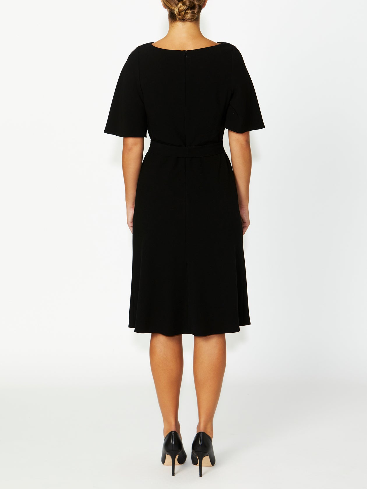 Women's Crepe Cowl Neck Dress in Black | Harmony Black Dress Back View