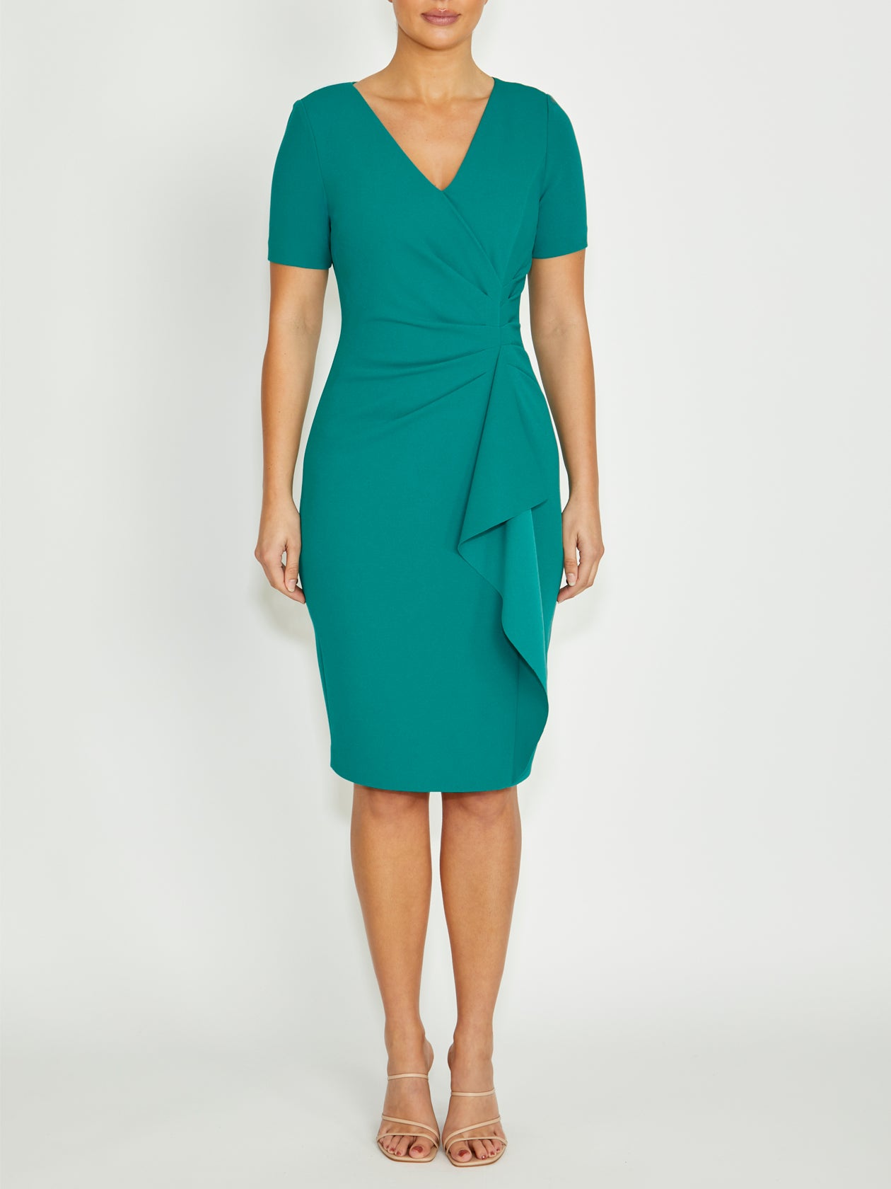 Women's Crepe Ruffle Front Dress in Green | Sara Women's Crepe Ruffle Front Dress in Green | Sara