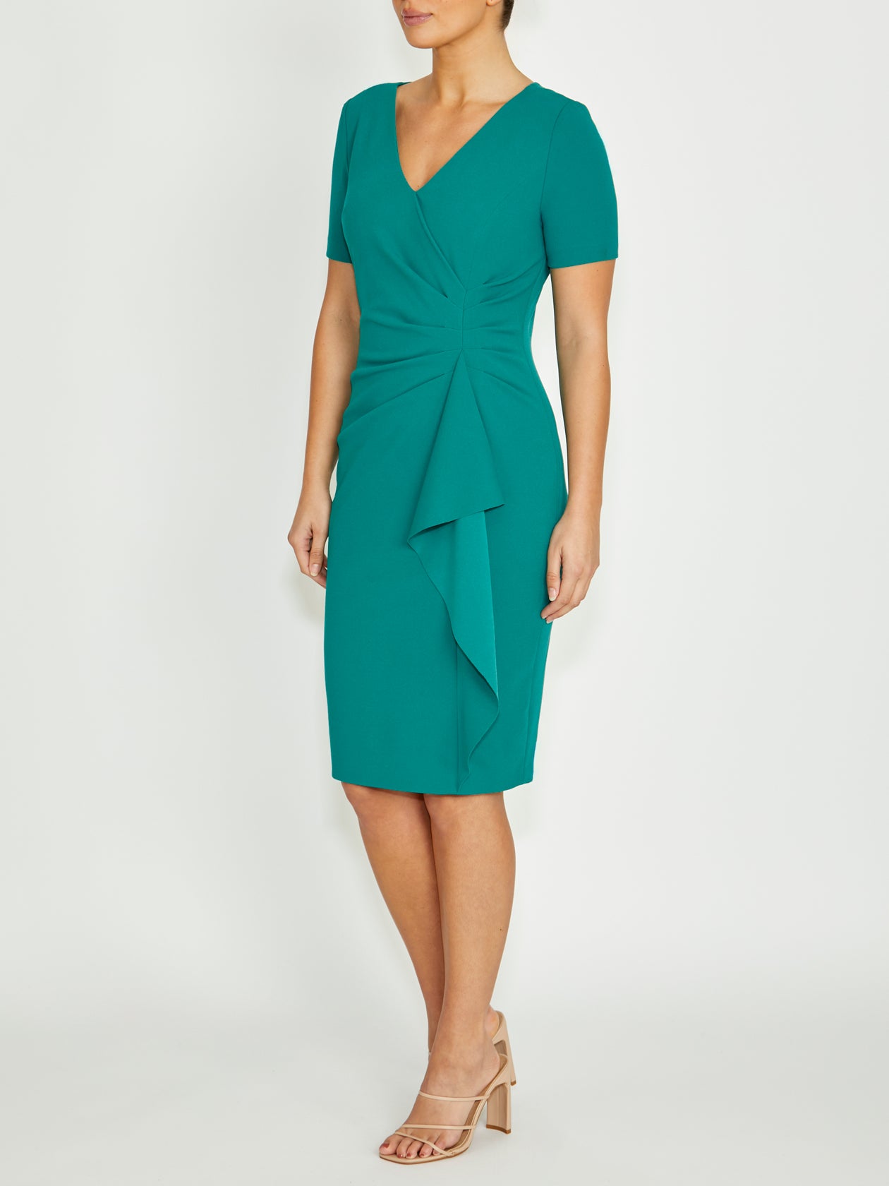 Women's Crepe Ruffle Front Dress in Green | Sara