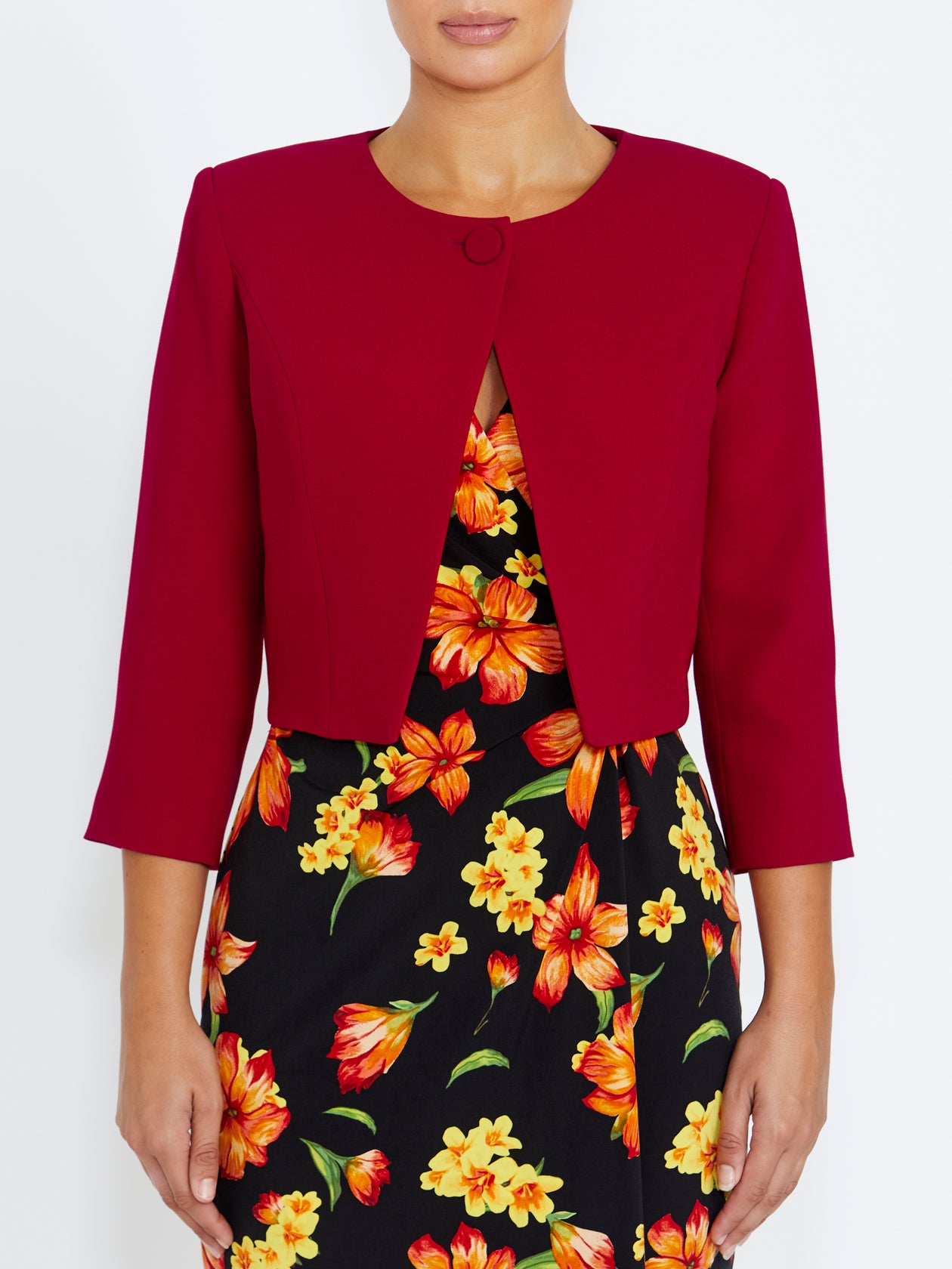 Women's Crepe Crossover Front Single Button Jacket in Red | Jackie