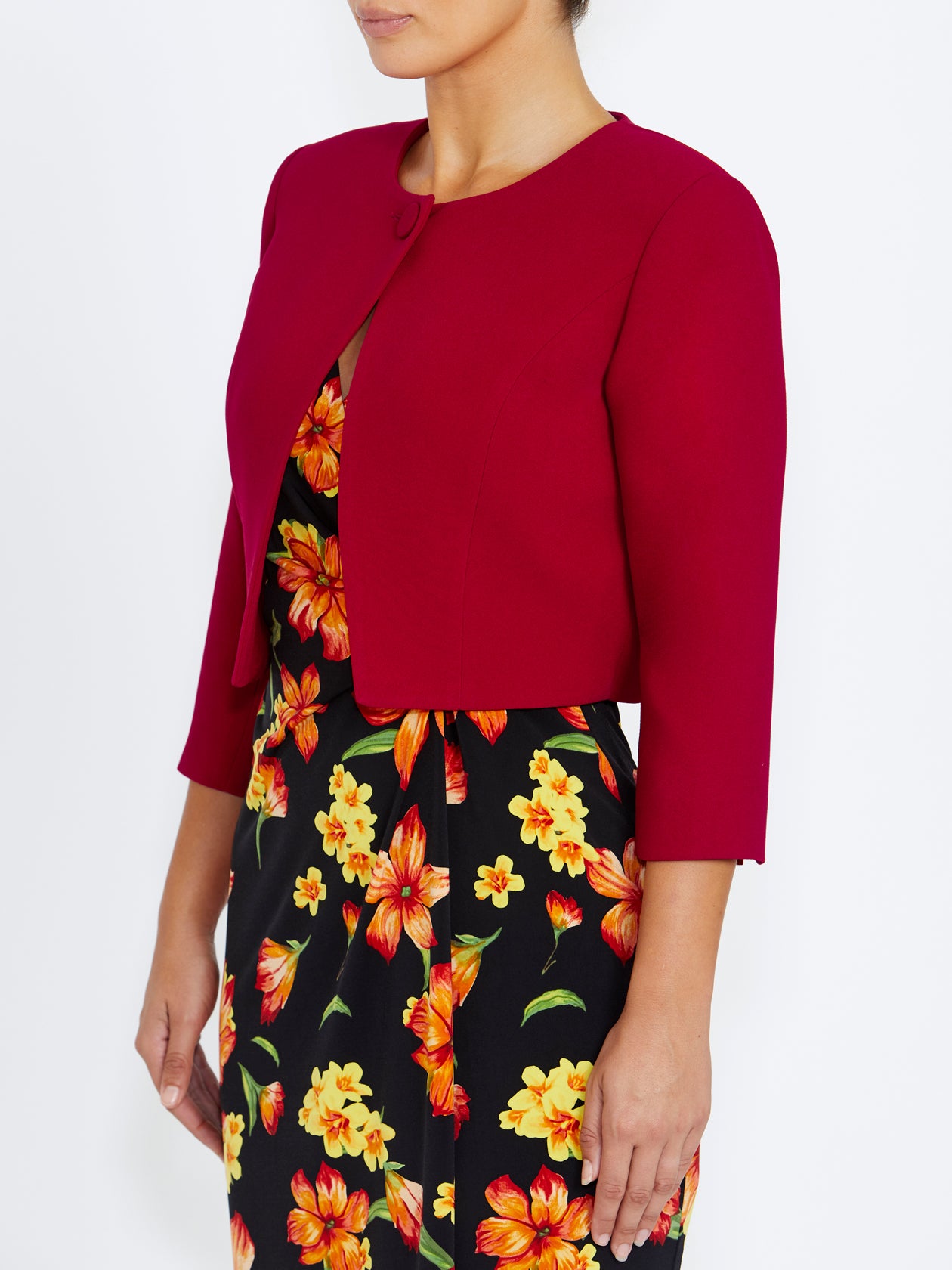 Women's Crepe Crossover Front Single Button Jacket in Red | Jackie