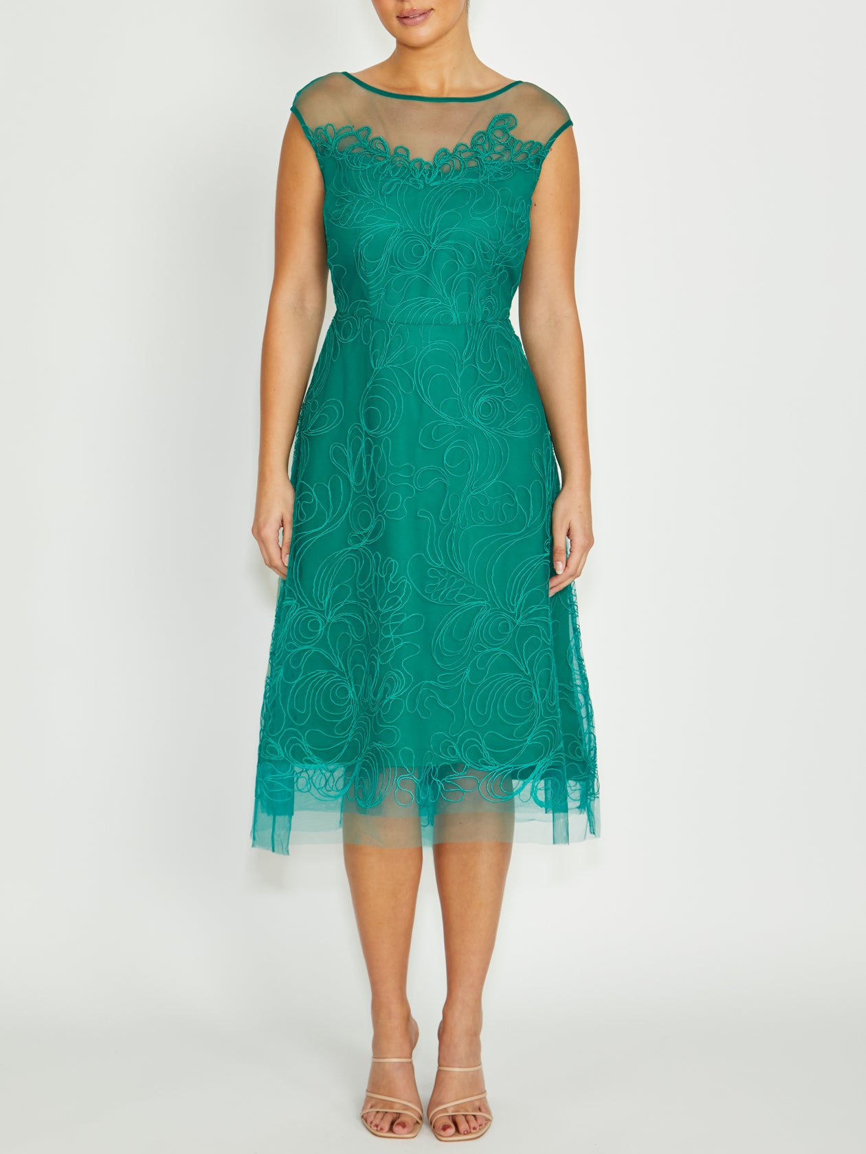 Women's Embroidered Mesh Midi Length Dress in Green | Stellar Women's Embroidered Mesh Midi Length Dress in Green | Stellar