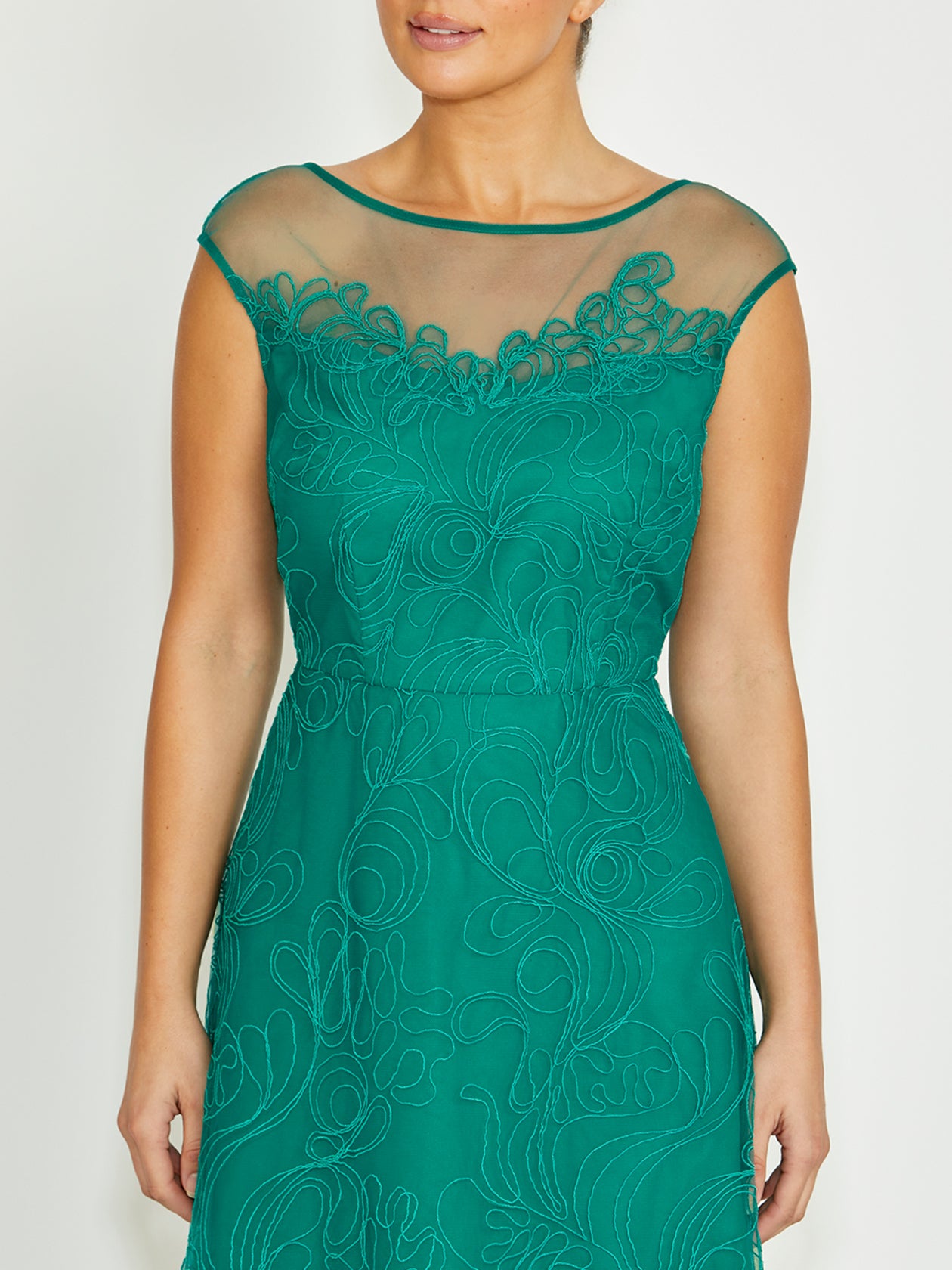 Women's Embroidered Mesh Midi Length Dress in Green | Stellar