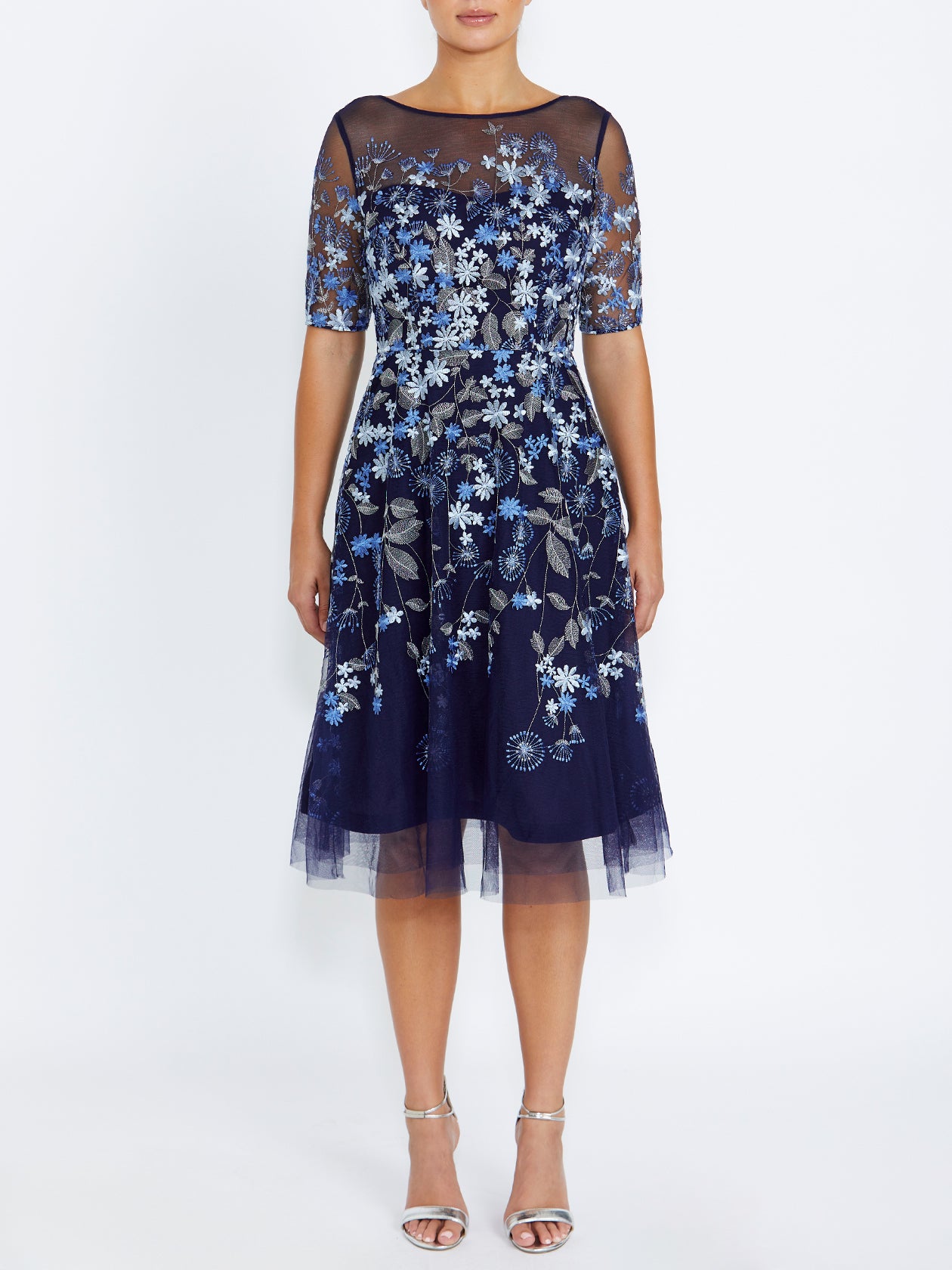 Women's Embroidered Mesh Midi Length Dress in Navy Catalina