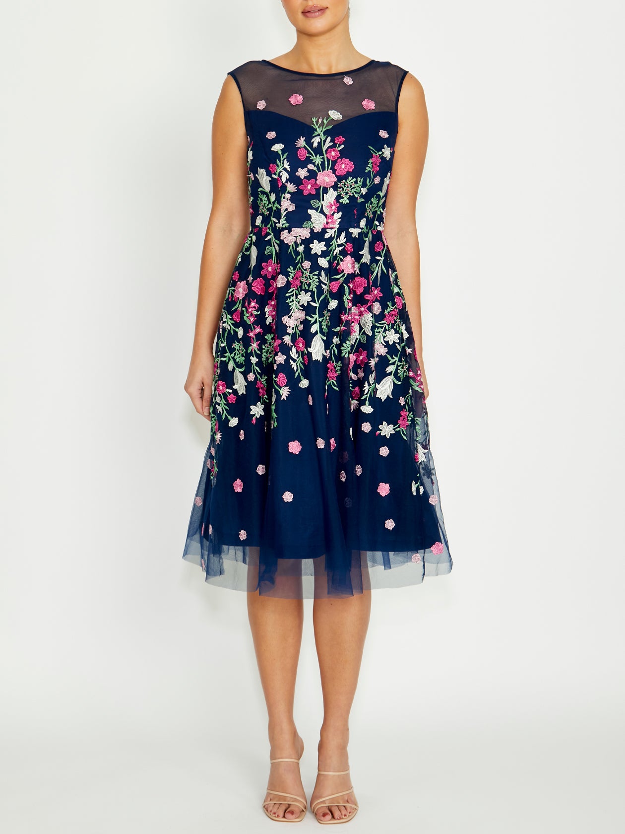 Women's Embroidered Midi Length Dress in Navy Pink Women's Embroidered Midi Length Dress in Navy Pink