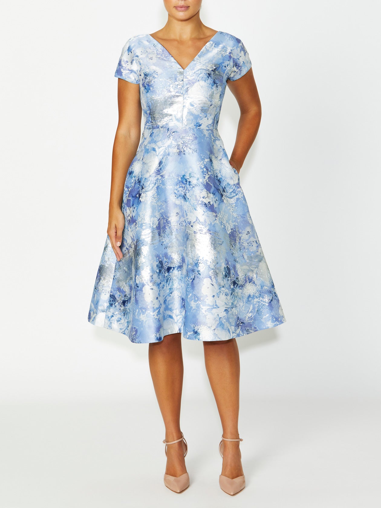 Women's Jacquard Fit & Flare Dress in Blue and White | Emersyn Women's Jacquard Fit & Flare Dress in Blue and White | Emersyn