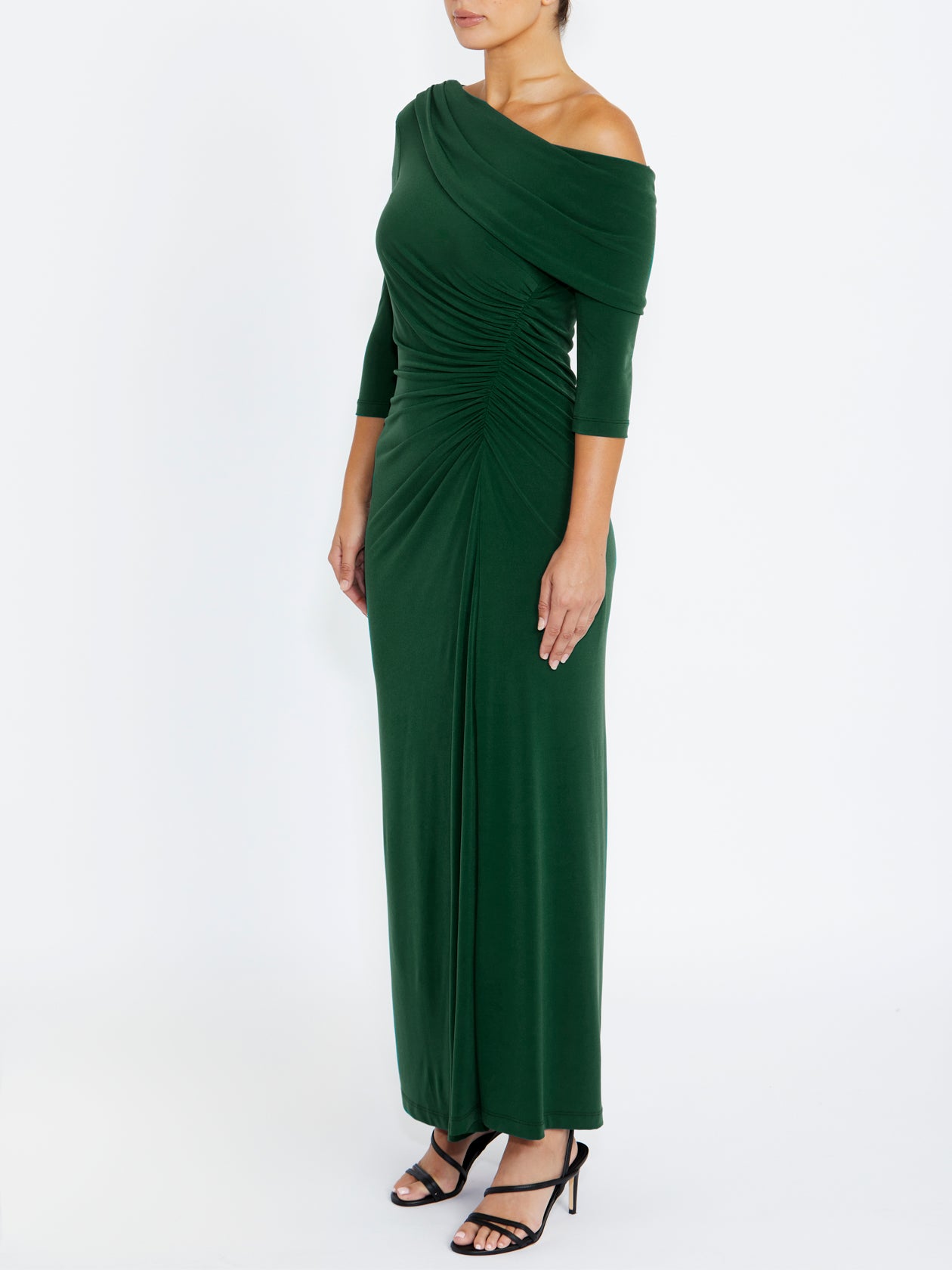 Women's Jersey Asymmetrical Gown in Green | Saskia
