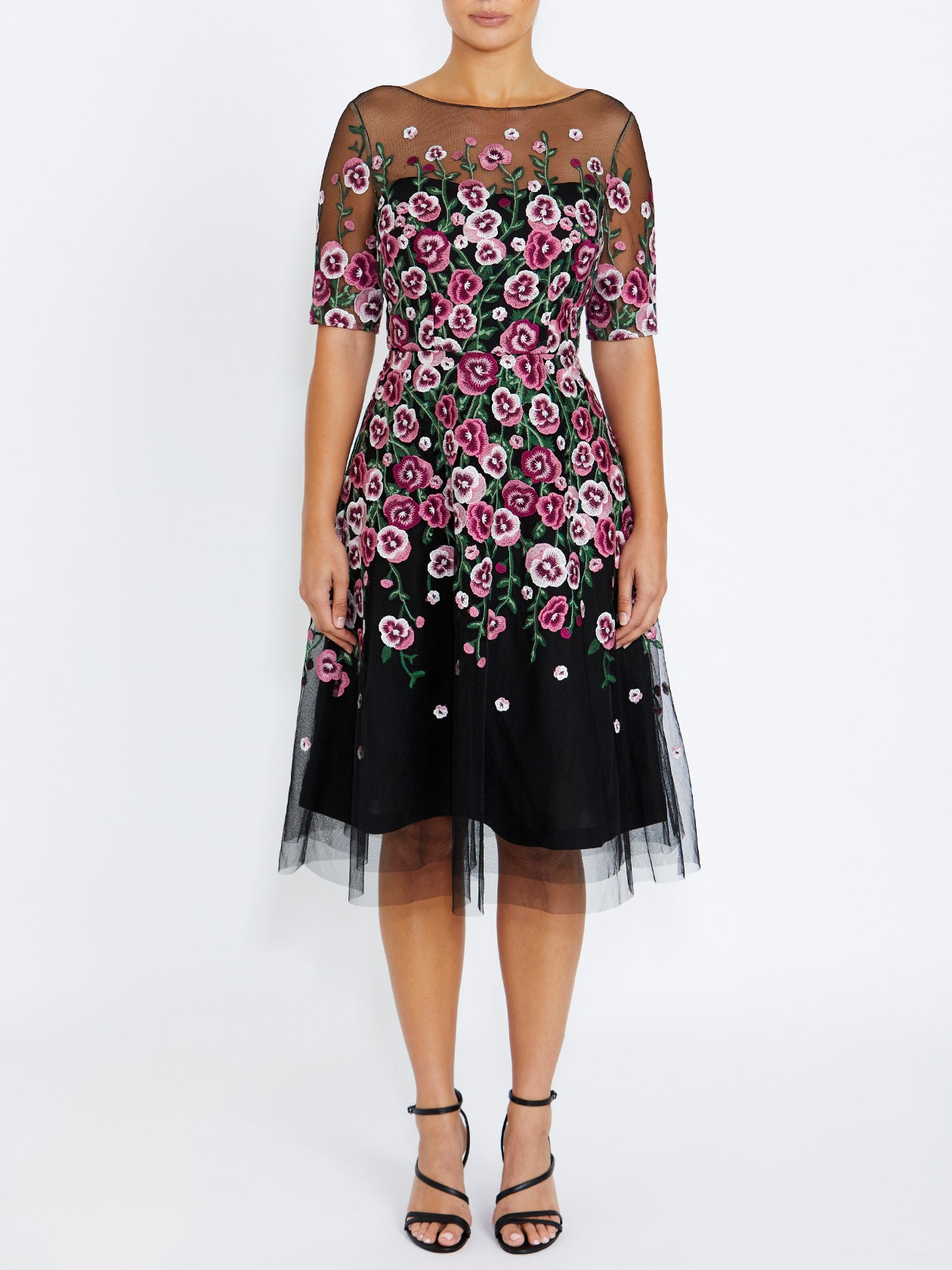 Women's Lace A-Line Midi Dress in Black, Pink and Green | Catalina