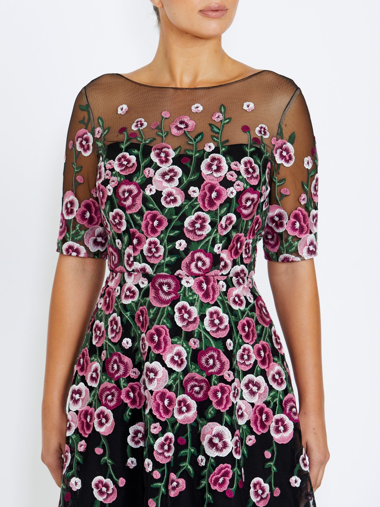 Women's Lace A-Line Midi Dress in Black, Pink and Green | Catalina
