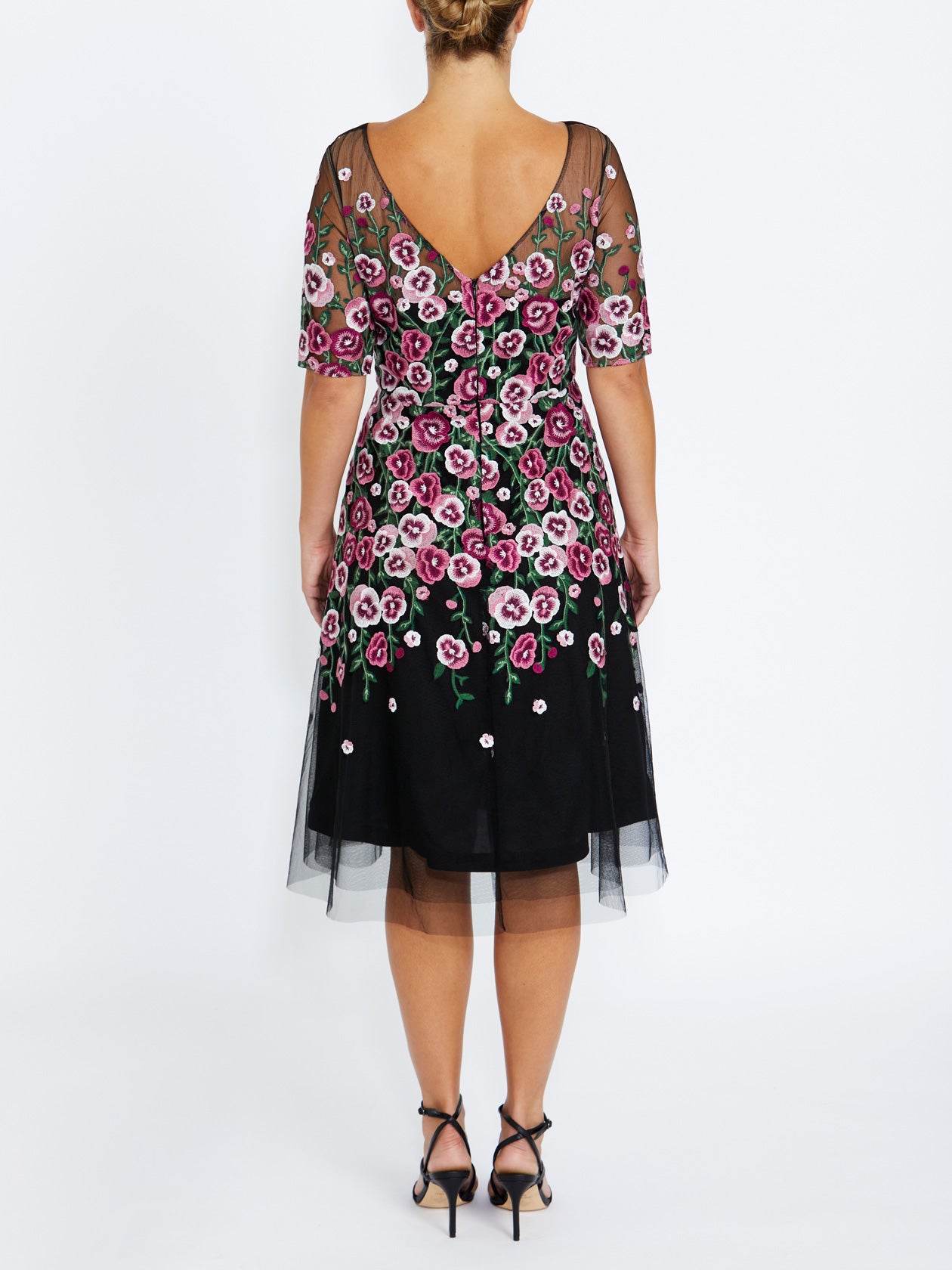 Women's Lace A-Line Midi Dress in Black, Pink and Green | Catalina