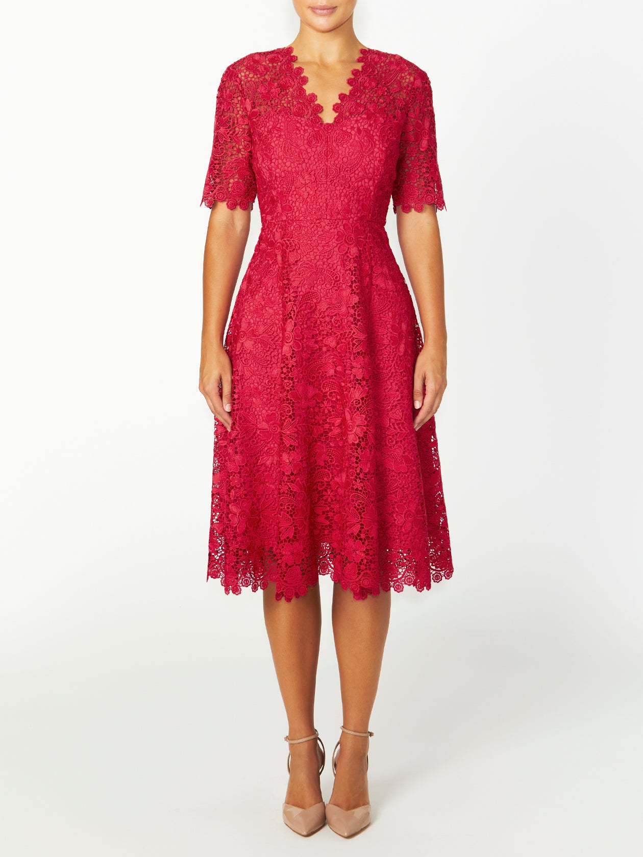 Women's Lace Midi Length Dress in Pink | Emily Women's Lace Midi Length Dress in Pink | Emily
