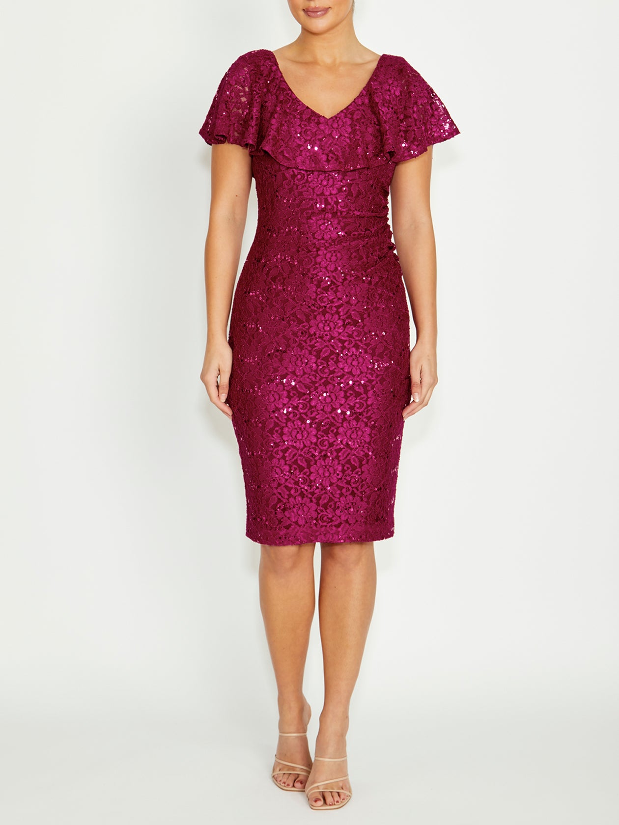 Women's Lace Ruffle Front Dress in Purple