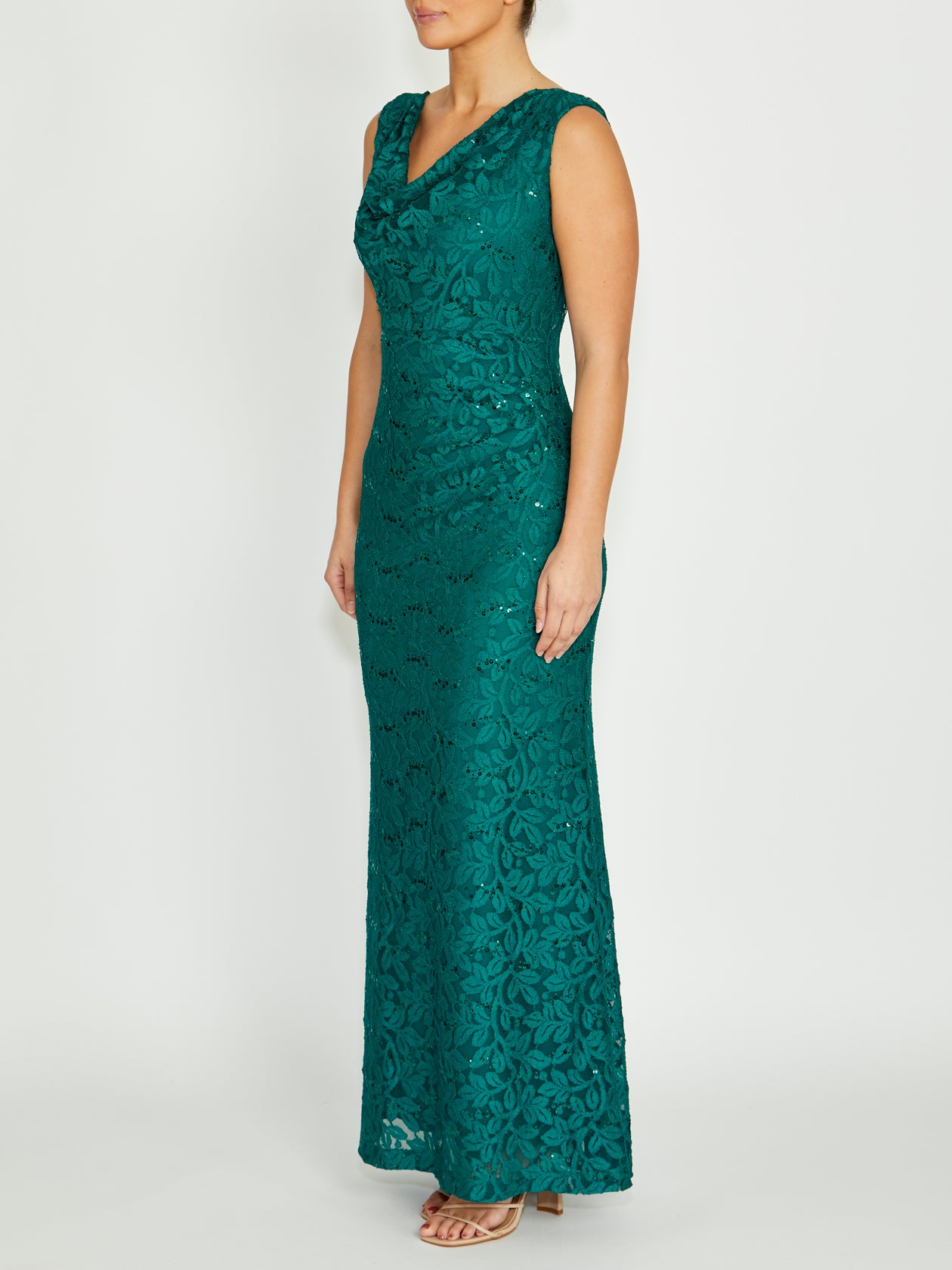 Women's Sequin Lace Cowl Neck Gown in Green | Elisa