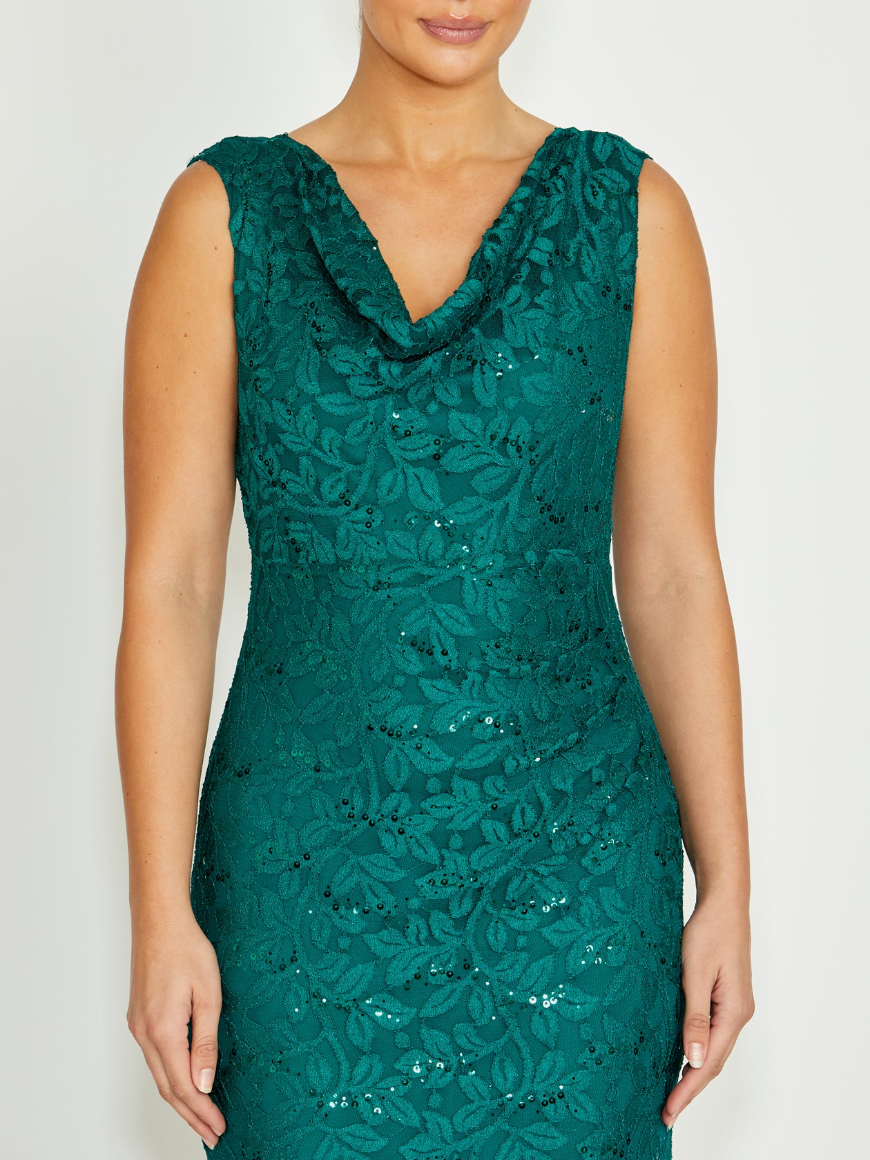 Women's Sequin Lace Cowl Neck Gown in Green | Elisa