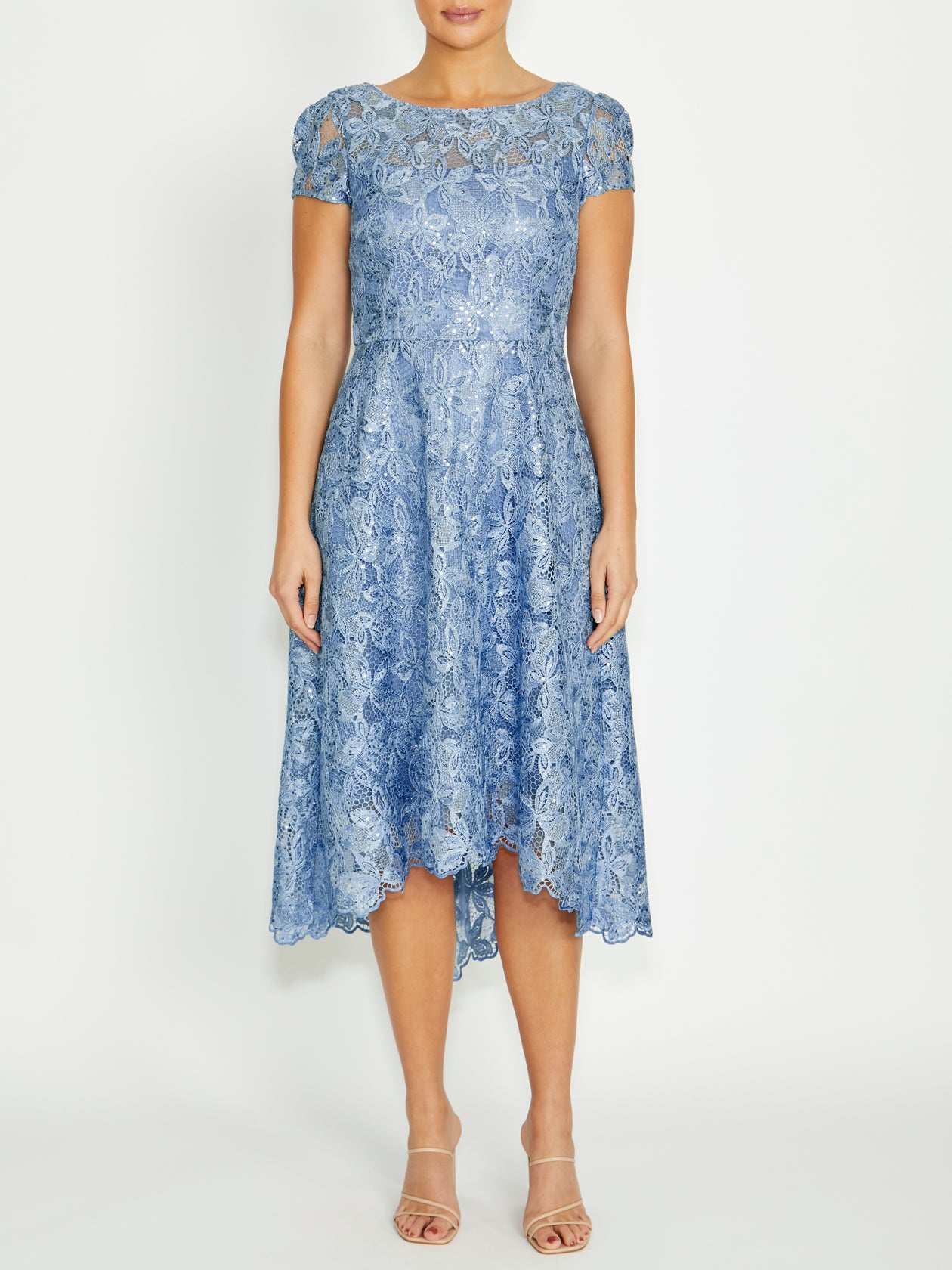 Women's Sequin Lace Midi Length Dress in Blue | Stellar Women's Sequin Lace Midi Length Dress in Blue | Stellar