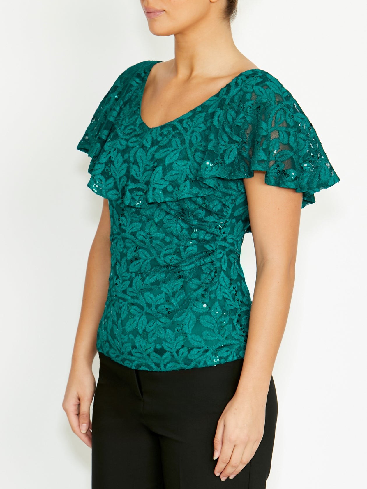 Women's Sequin Lace Ruffle Front Top in Green | Trudy