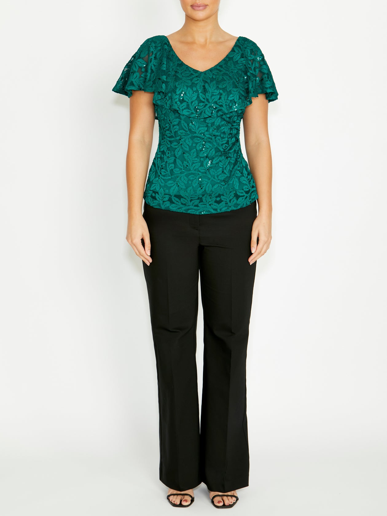 Women's Sequin Lace Ruffle Front Top in Green | Trudy