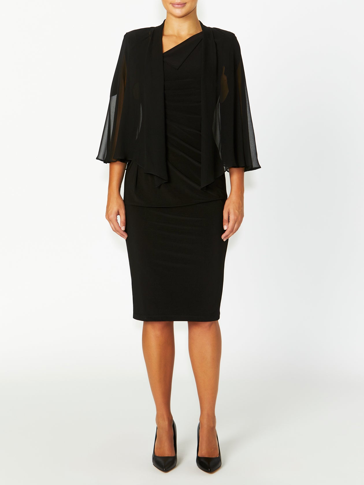 Front view of Carrie Black Silk Shrug – A chic black silk shrug featuring a lightweight, semi-sheer design with draped open front and elegant three-quarter-length flutter sleeves. Designed for layering, it adds effortless sophistication to any outfit, perfect for evening events or elevating a classic look.