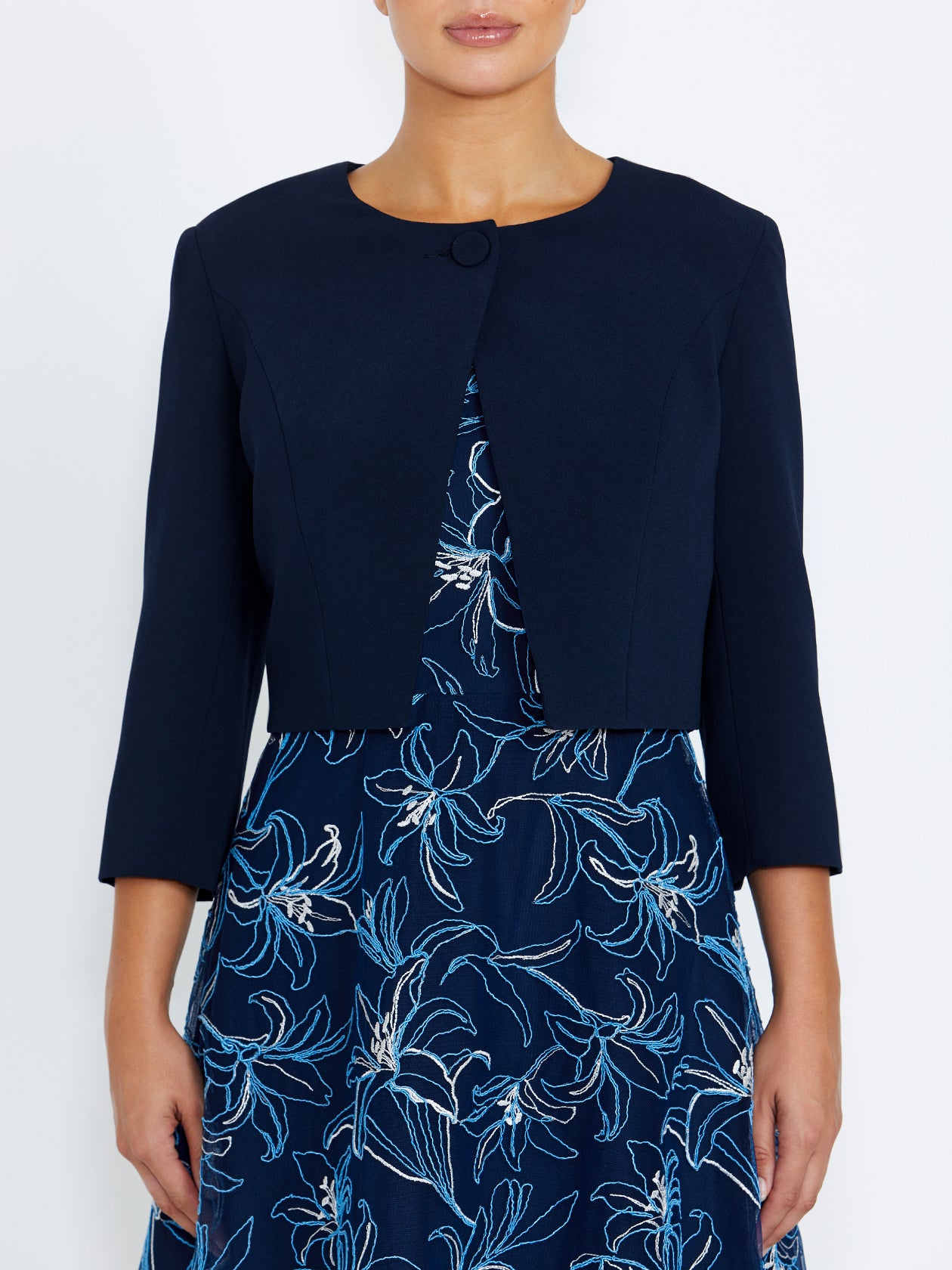 Women's Crepe Cropped Crossover Front Jacket in Navy | Jackie Women's Crepe Cropped Crossover Front Jacket in Navy | Jackie
