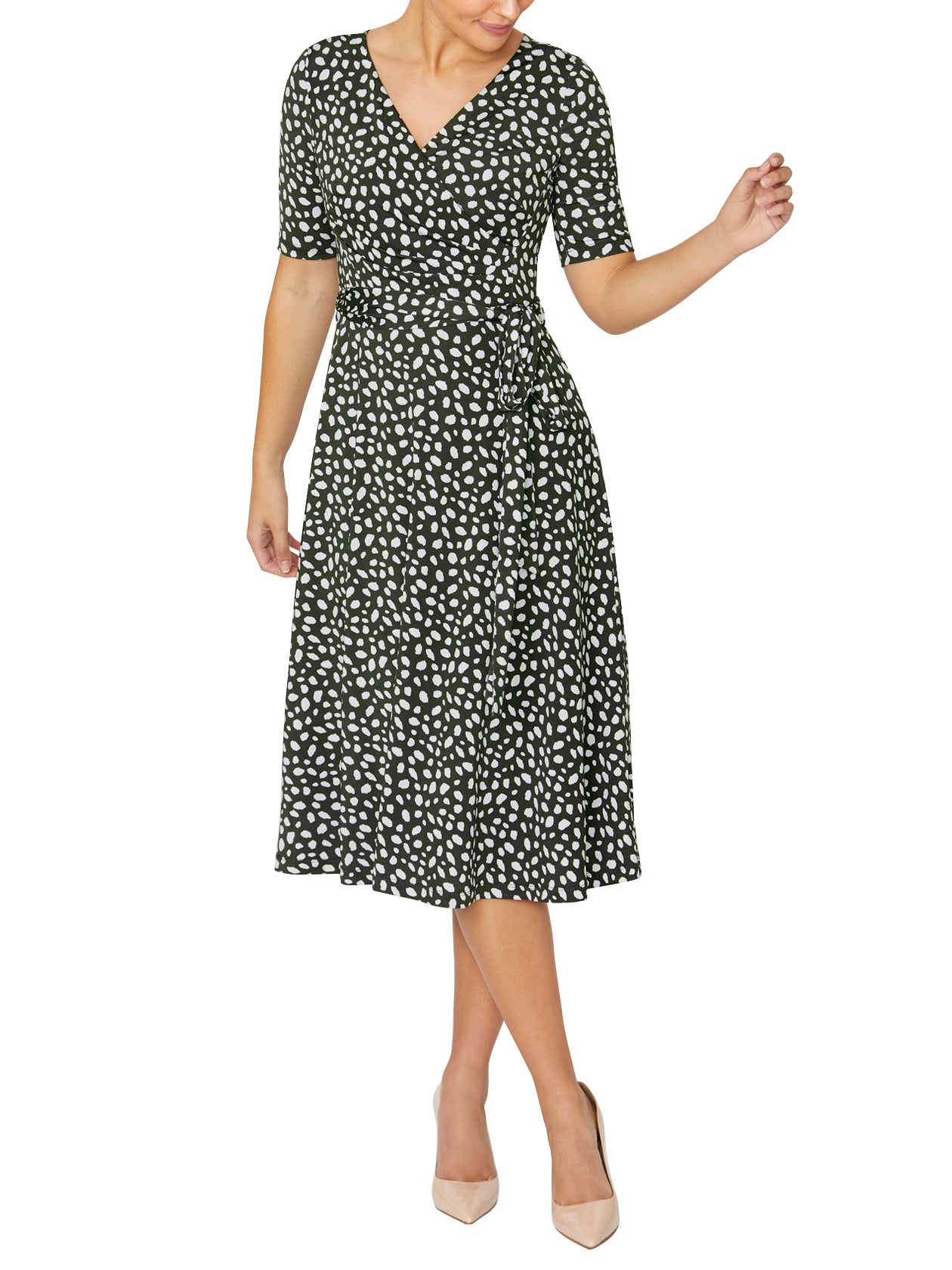 Dark Olive Print Jersey Wrap Fit & Flare Dress | Amara