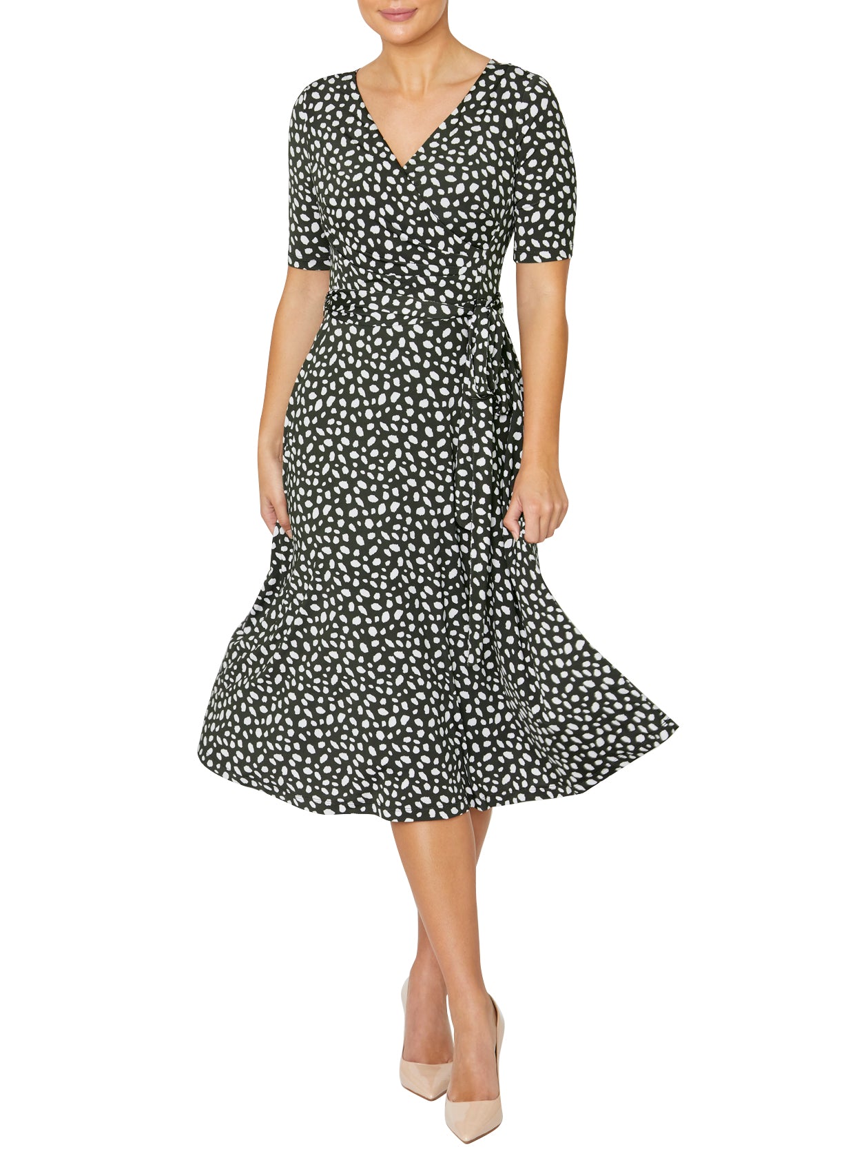 Dark Olive Print Jersey Wrap Fit & Flare Dress | Amara