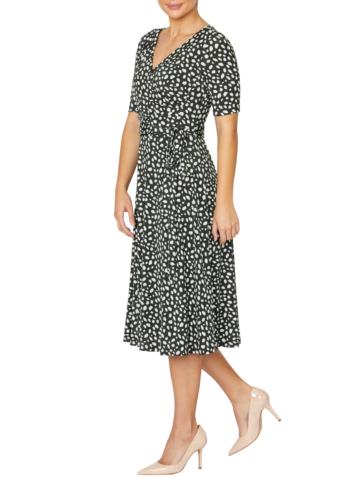 Dark Olive Print Jersey Wrap Fit & Flare Dress | Amara
