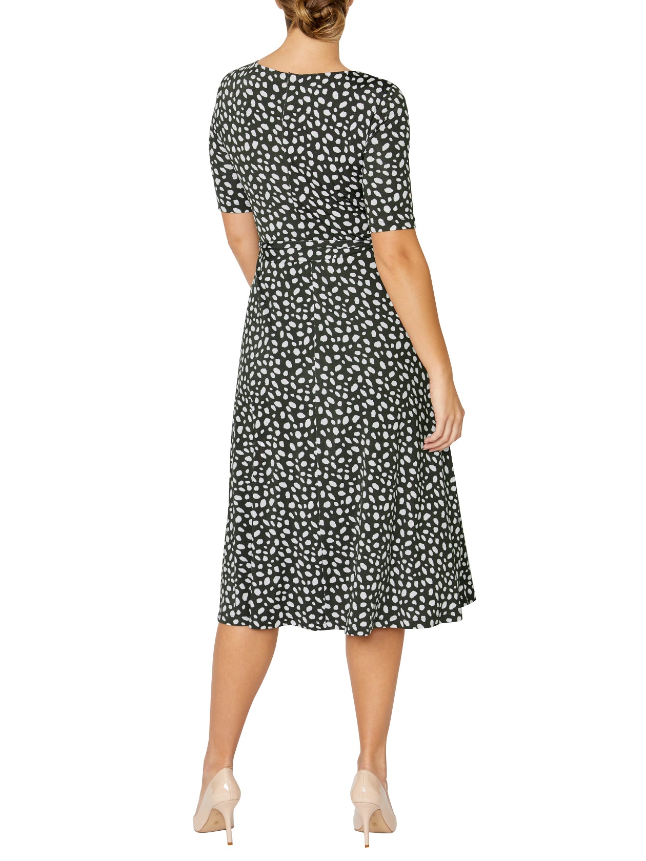 Dark Olive Print Jersey Wrap Fit & Flare Dress | Amara