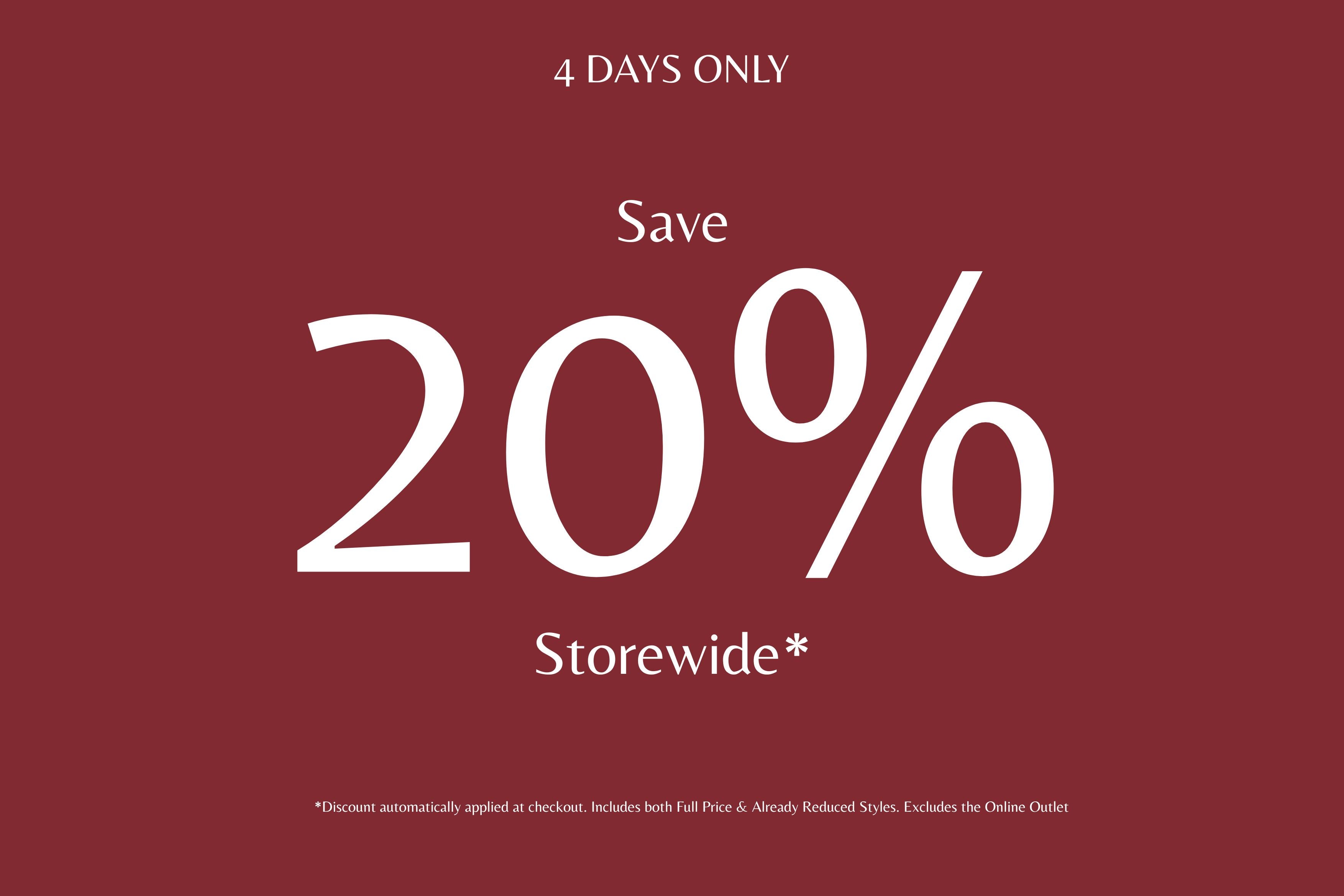Promotional banner with '4 Days Only, Save 20% Storewide' text on a red background.