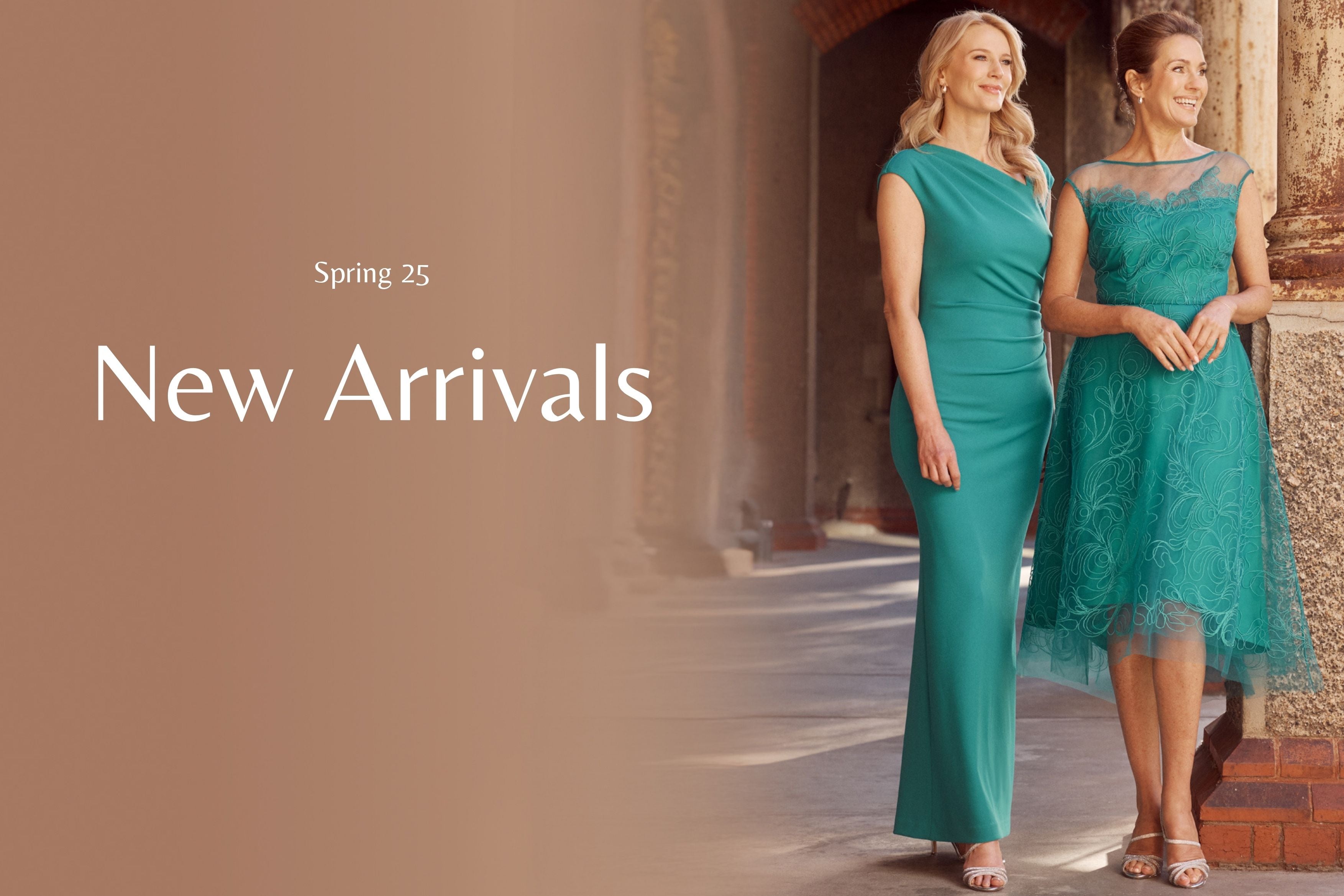 Two women in teal dresses standing in a hallway with 'New Arrivals' text. Chloe Cozumel Crepe Gown & Stellar Sea Green A-Line Dress