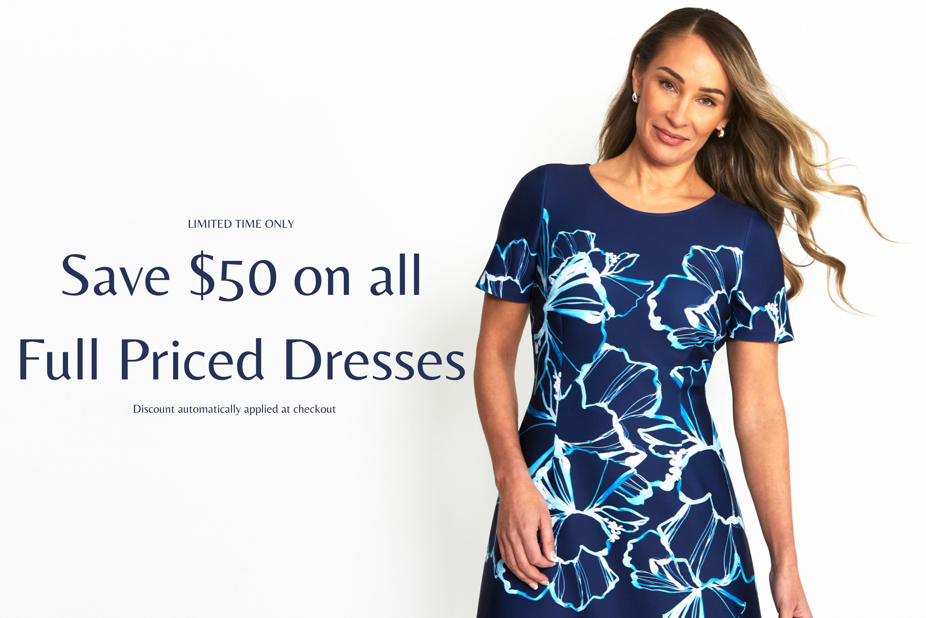 Woman wearing a blue floral dress with promotional text on a white background. Limited Time Only- Save $50 on all Full Priced Dress | Mandy Onyx Scuba Dress