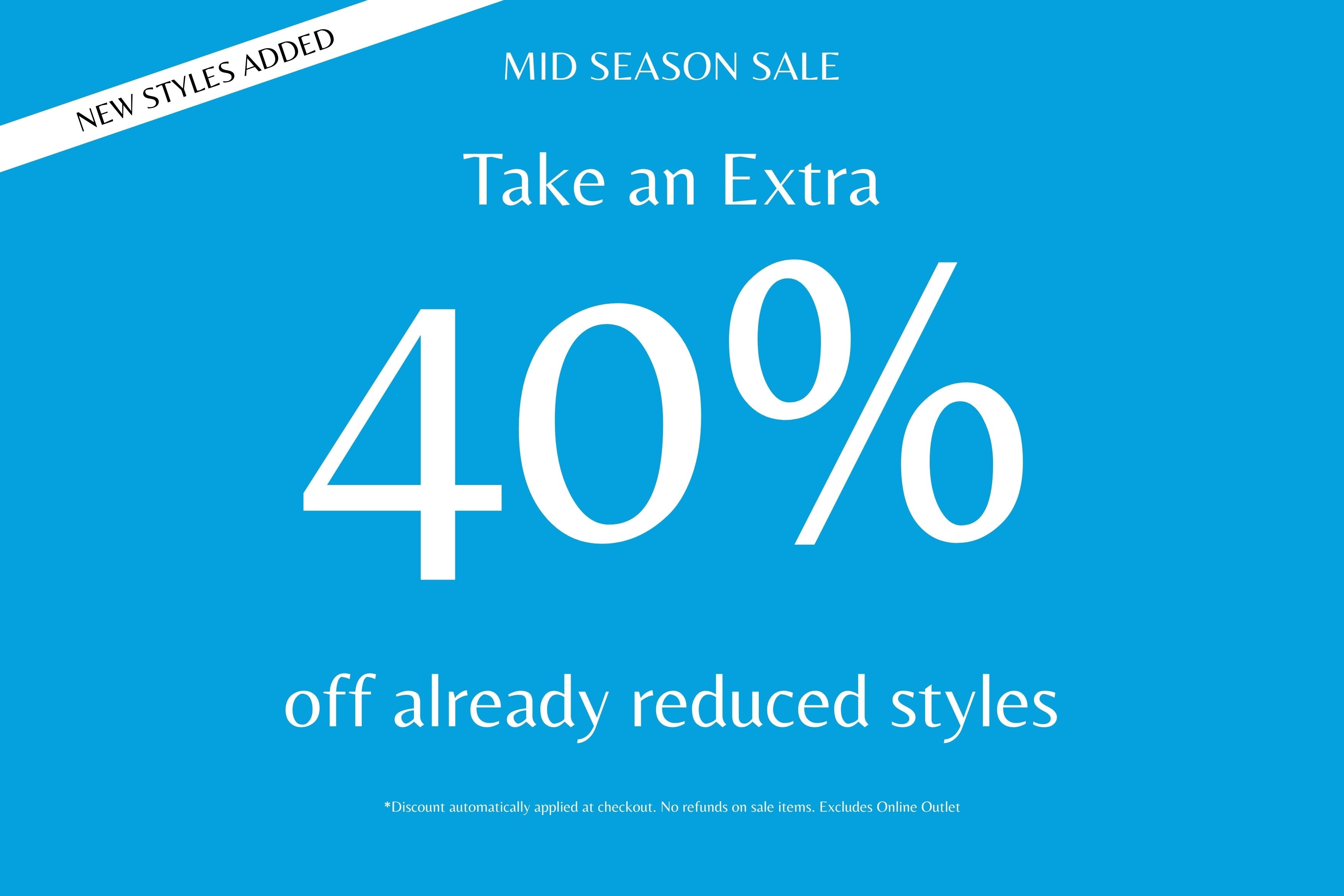 Promotional banner with 40% off discount on a blue background. Take an Extra 40% Off Already Reduced Styles. 