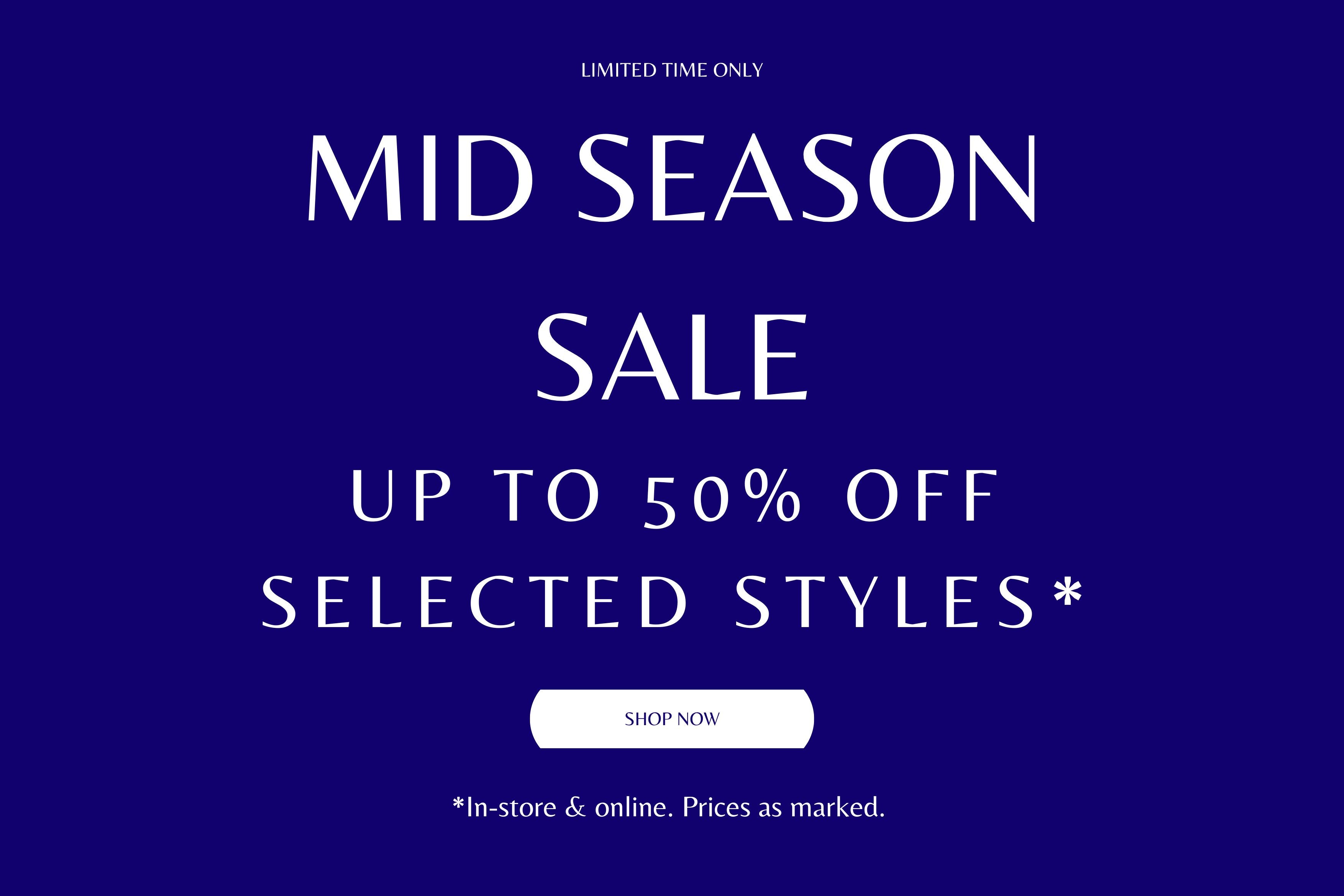 Promotional banner for mid season sale with text on a blue background.