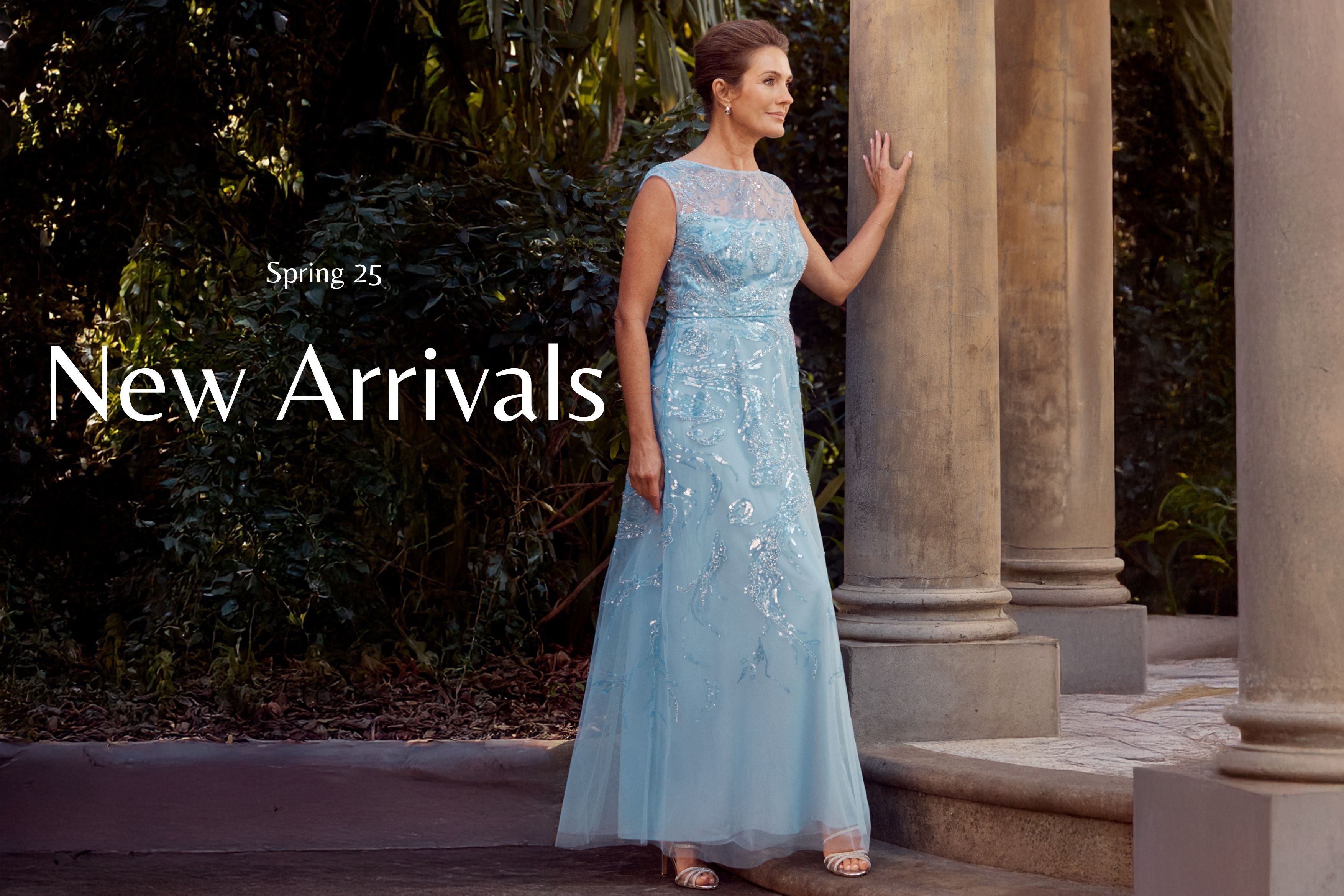 Woman in a light blue dress standing outdoors with 'New Arrivals' text overlay. Catalina Sky Blue Sequin Gown