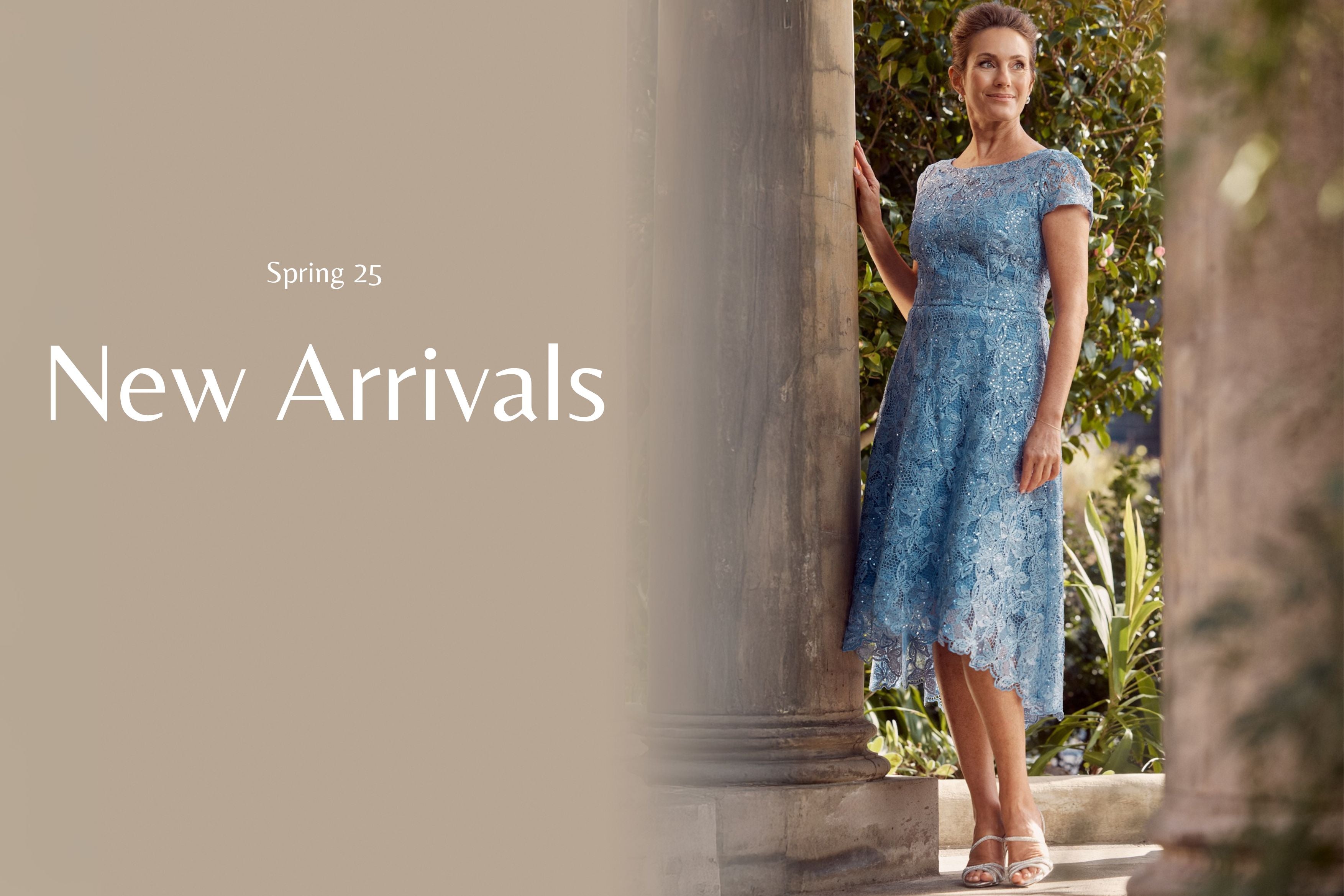 Woman in a blue dress standing outdoors with 'New Arrivals' text on a beige background. Stellar Sky Blue A-Line Dress.