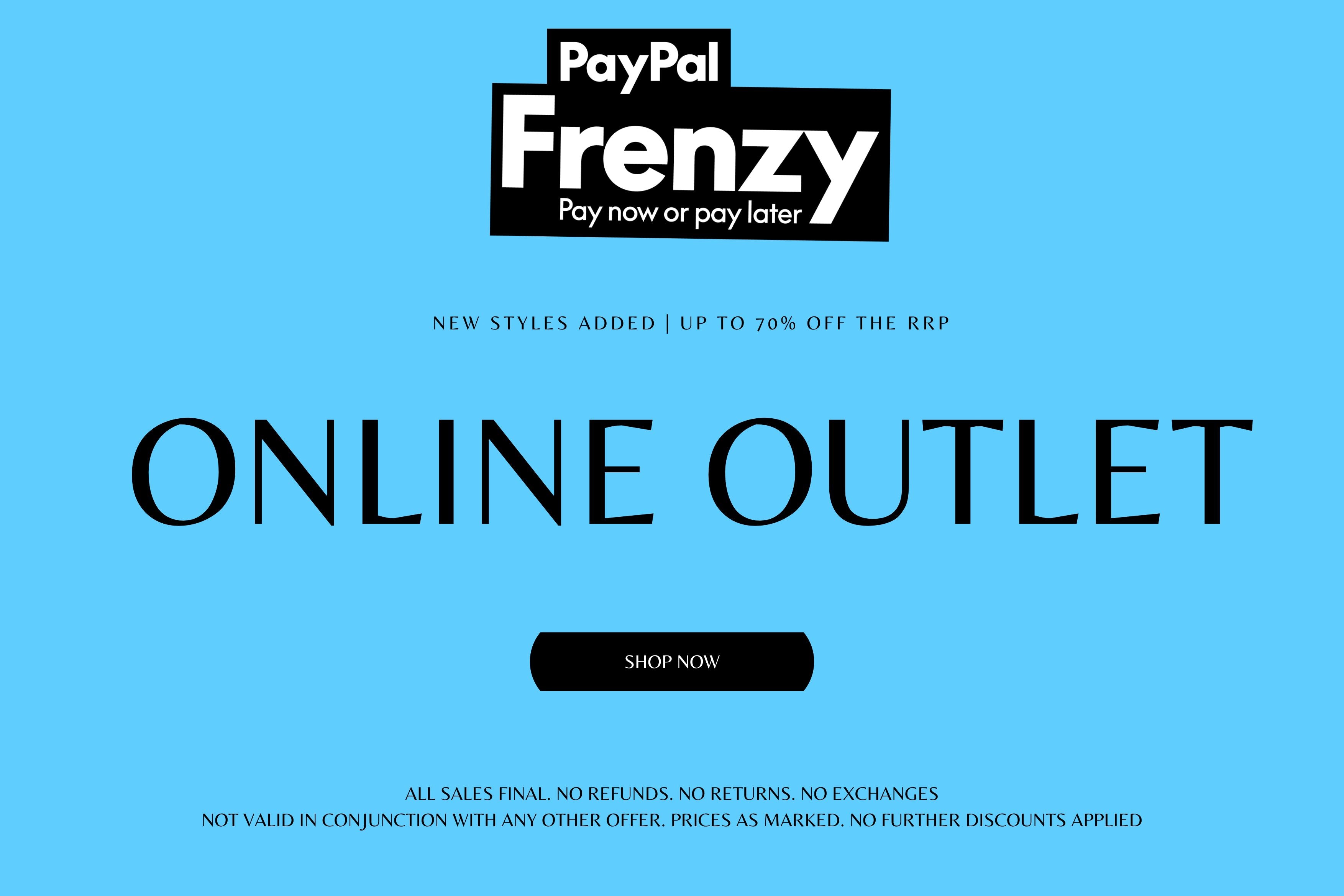 Promotional banner for PayPal Frenzy with text on a blue background. Online Outlet | Save up to 70% Off the RRP.