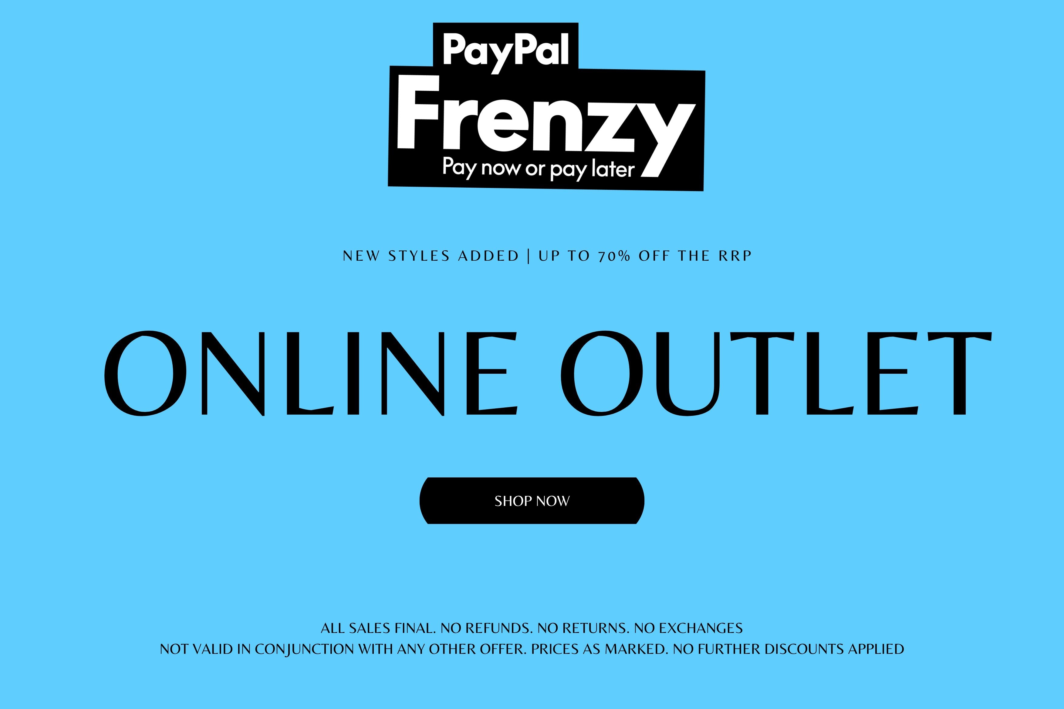 Promotional banner for PayPal Frenzy with text on a blue background. Online Outlet | Save up to 70% Off the RRP.