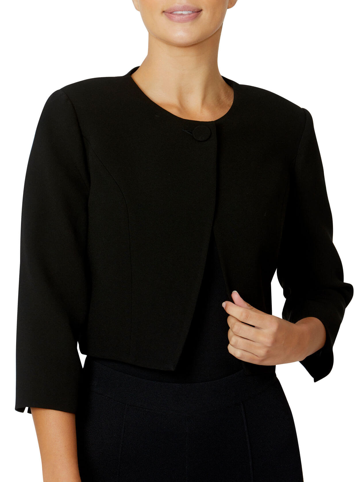 Women's Crepe Cropped Crossover Front Jacket in Black | Jackie