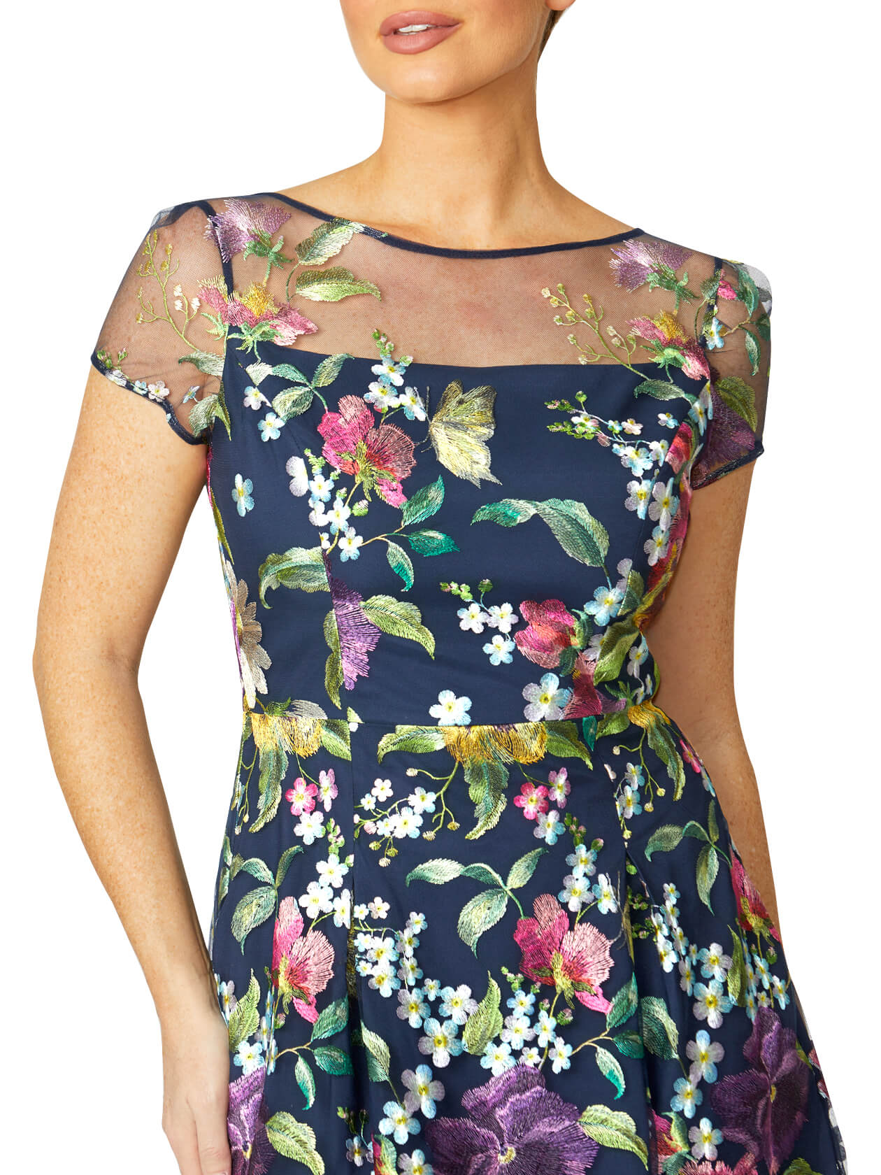 FLORAL MESH FIT AND FLARE DRESS - XXL - Multi