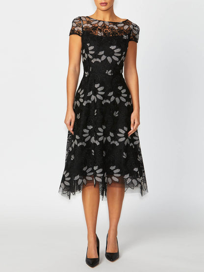 Women's Embroidered Fit & Flare A-Line Dress in Black | Stellar Women's Embroidered Fit & Flare A-Line Dress in Black | Stellar