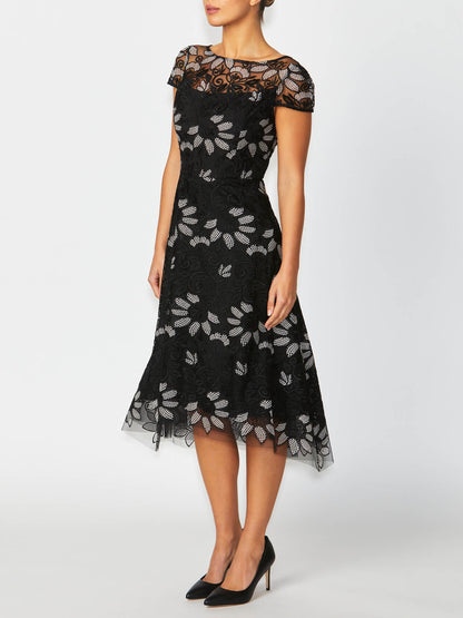 Women's Embroidered Fit & Flare A-Line Dress in Black | Stellar